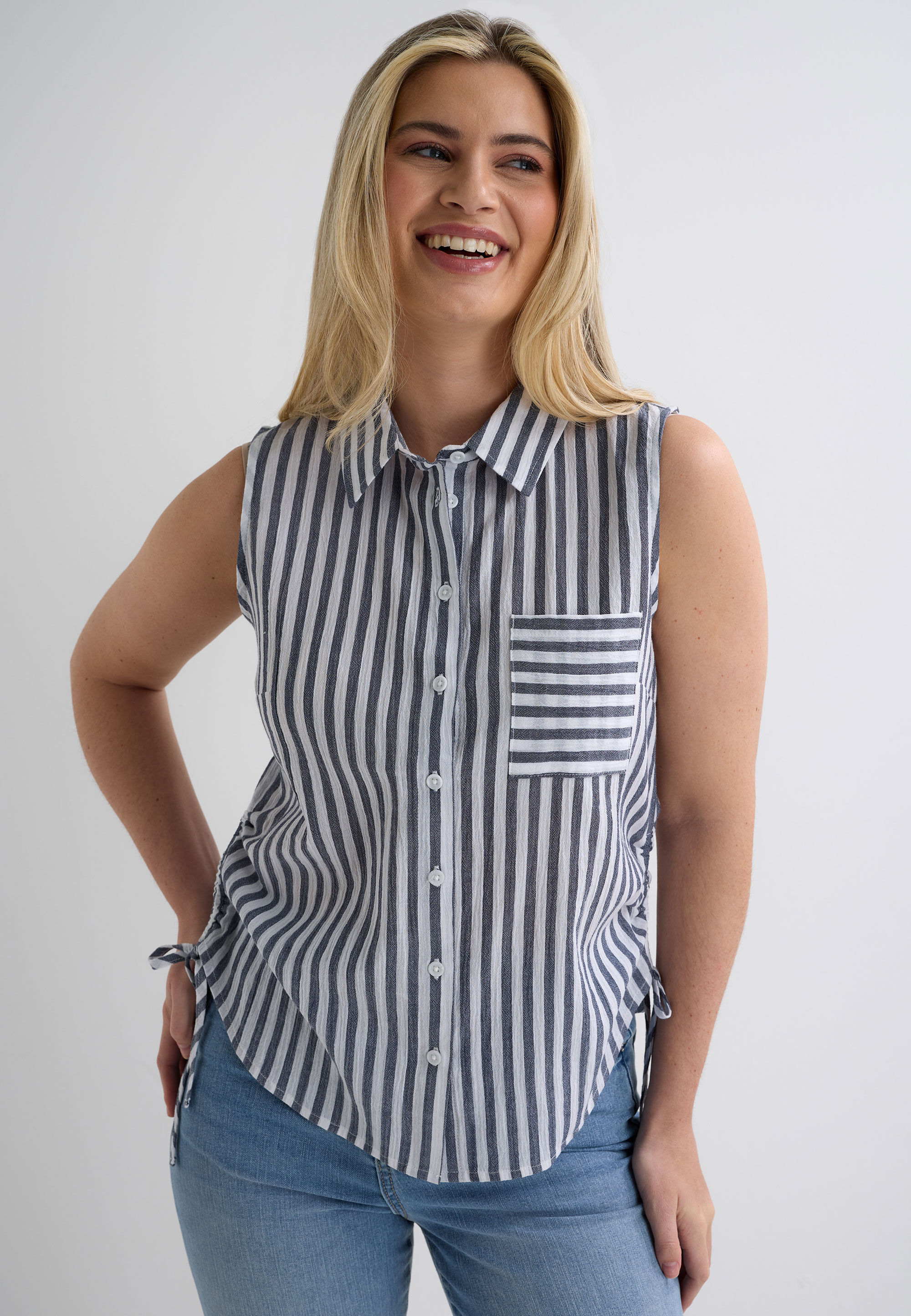 Womens Grey Stripe Crinkle Ruched Side Shirt