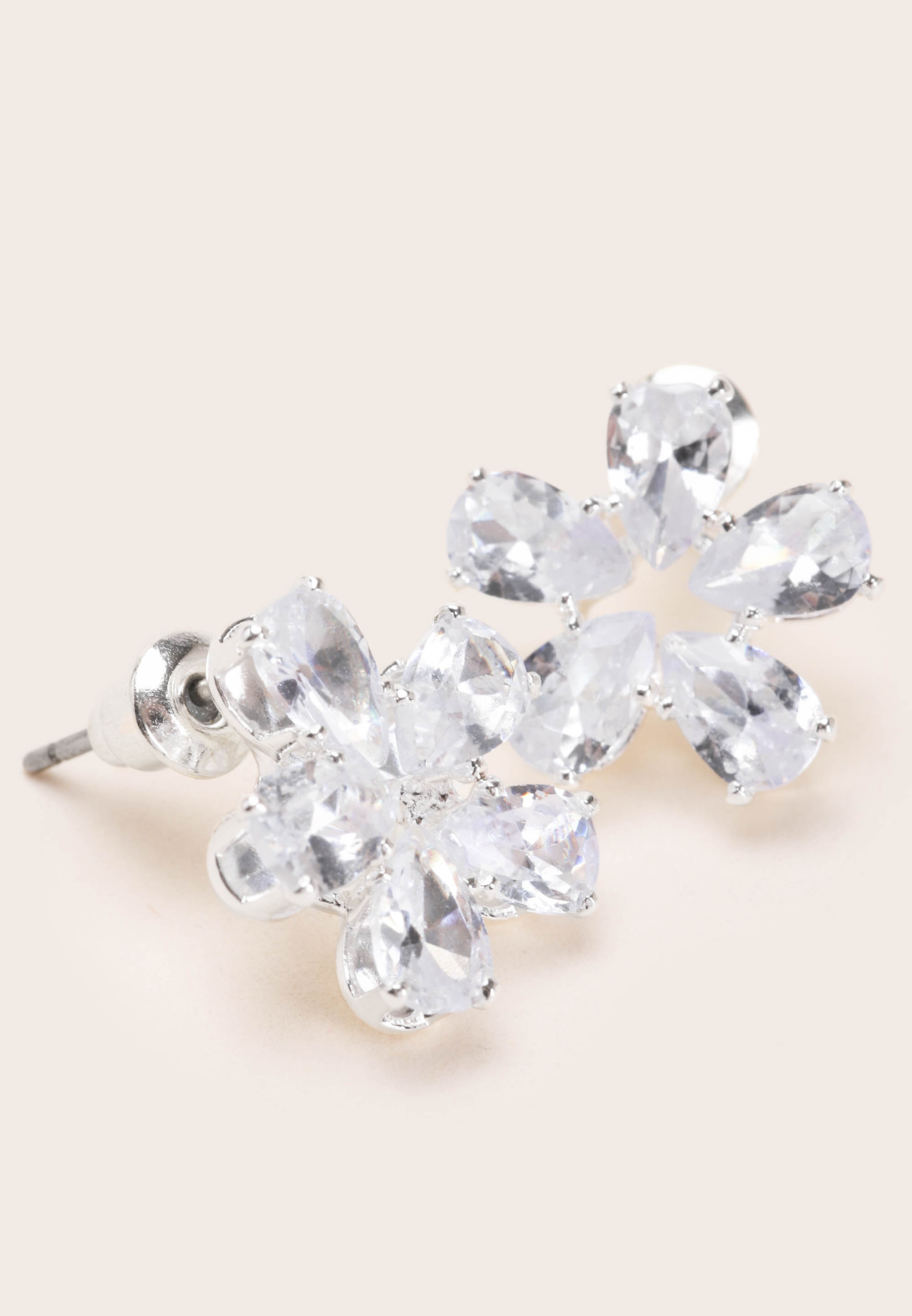Womens Silver Crystal Flower Stud Earrings