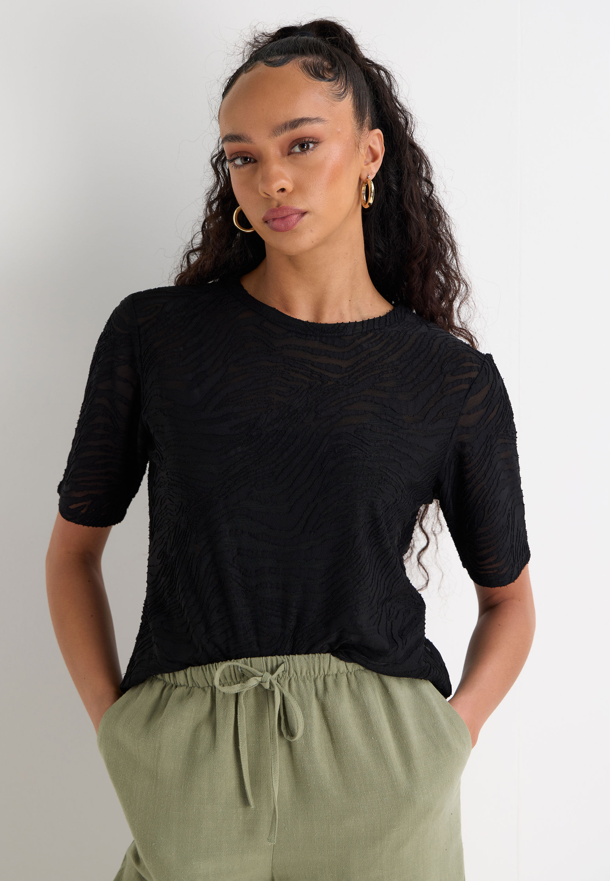 Womens Black Zebra Burnout Short Sleeve Top