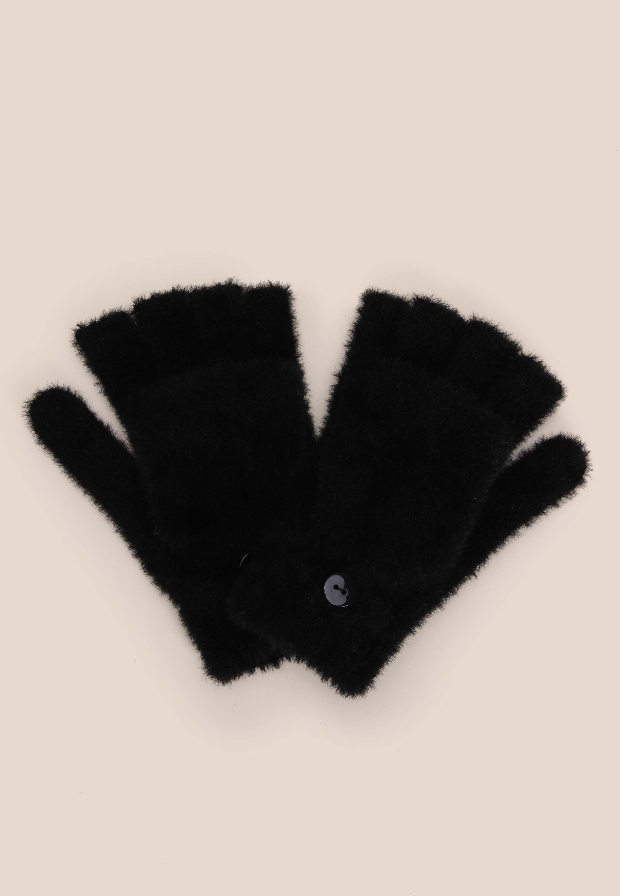 Womens Black Eyelash Knit Fliptop Gloves