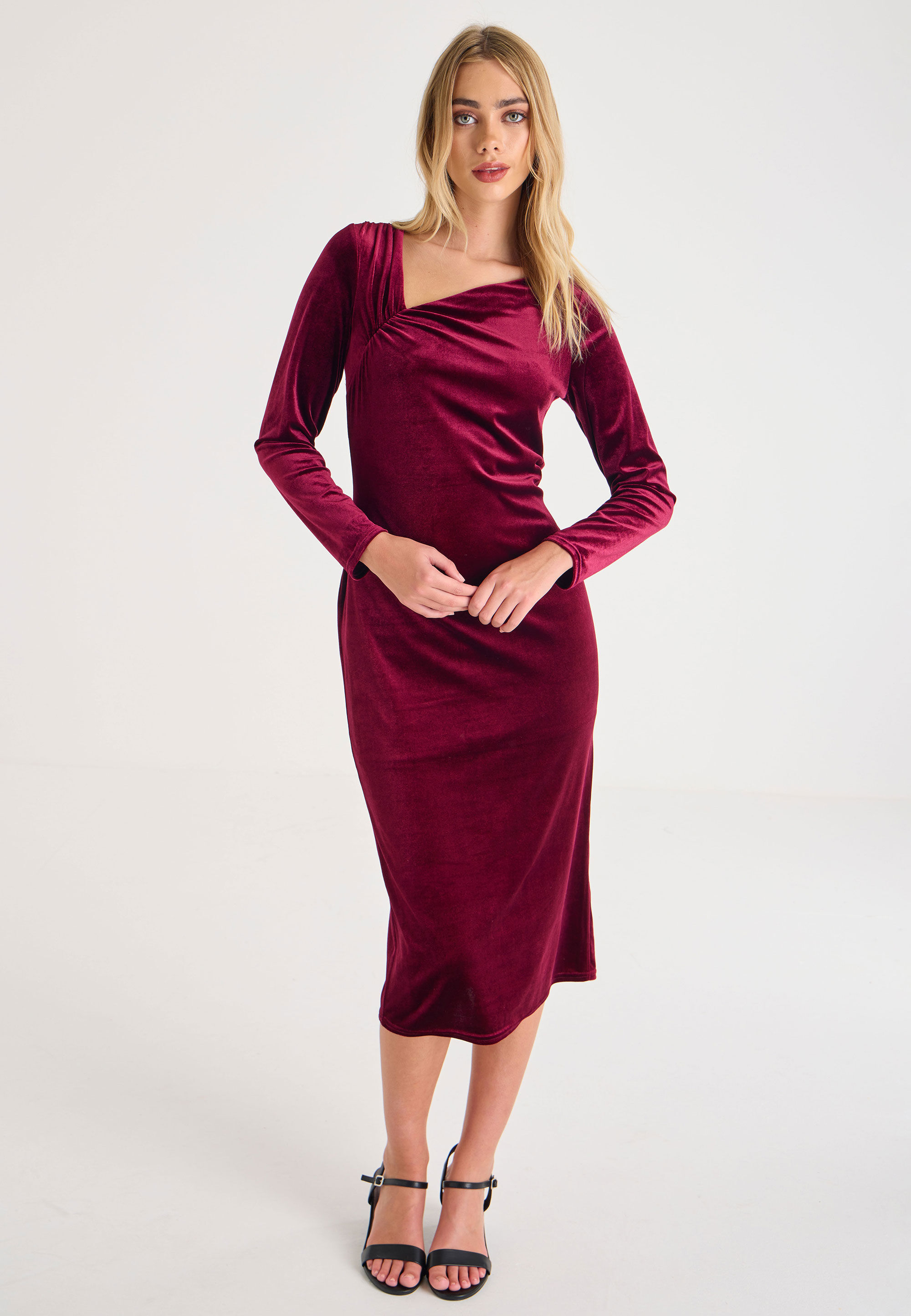Womens Burgundy Velvet Asymmetrical Dress