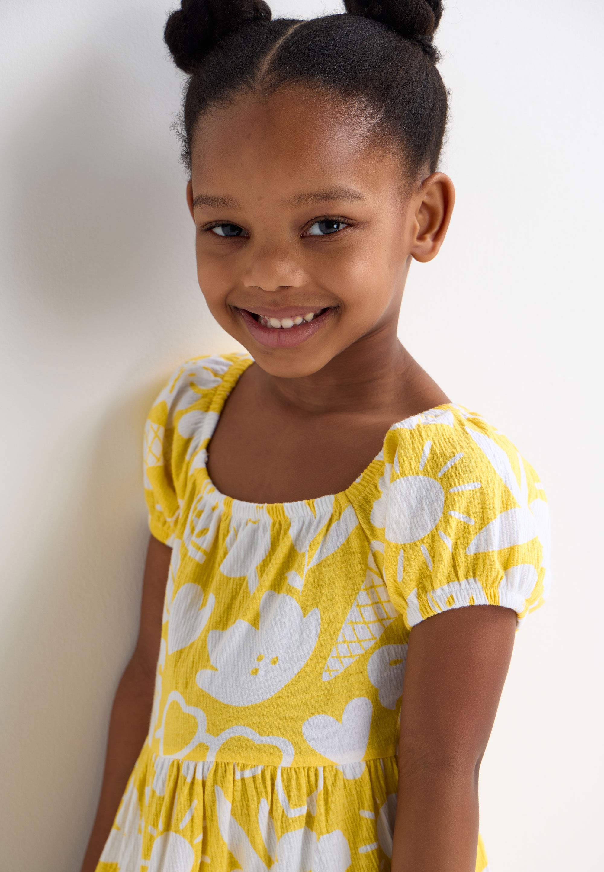 Younger Girls Yellow & White Floral Print Tired Dress