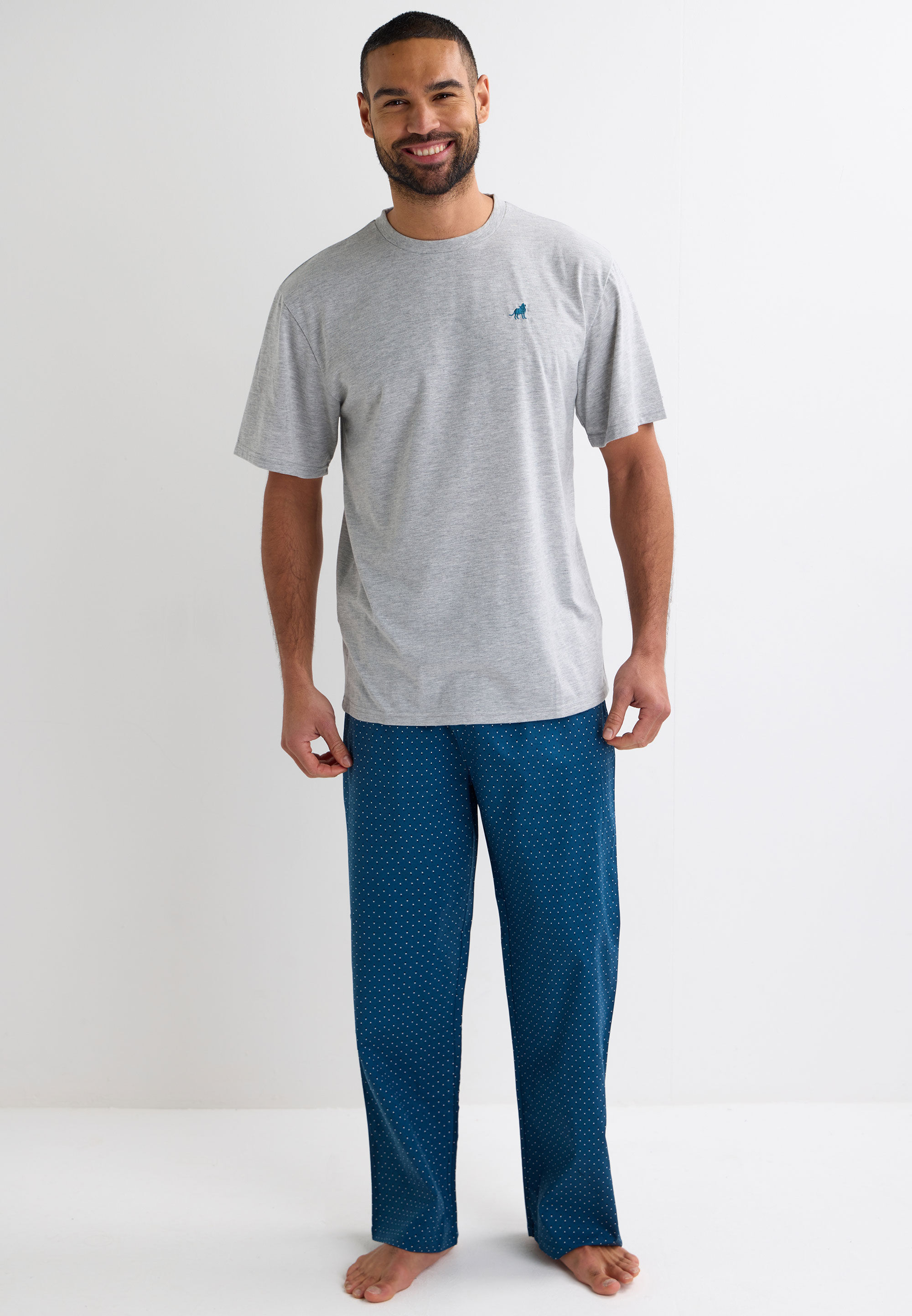 Mens Grey & Blue Print Jersey Long Pyjama Set