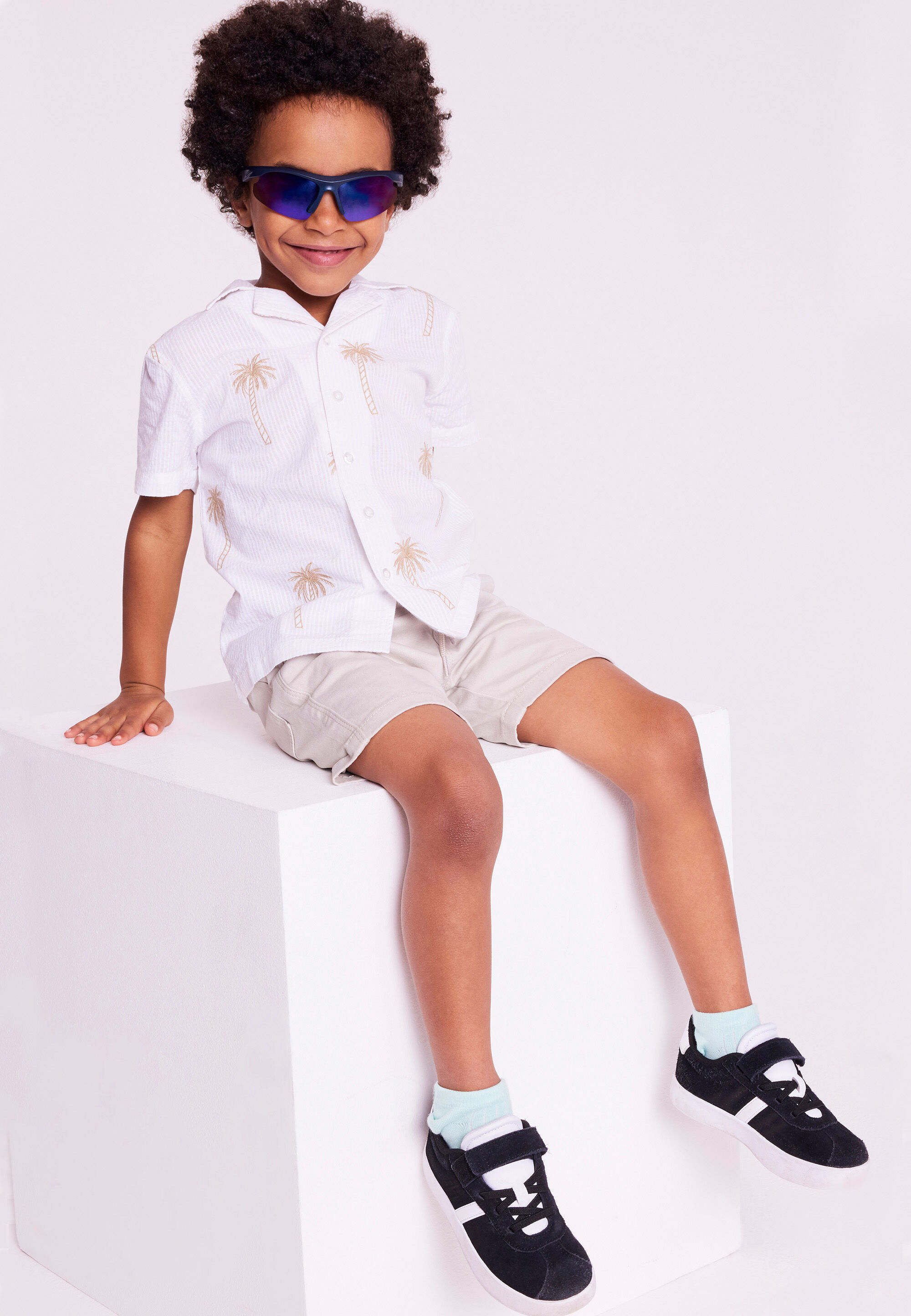 Younger Boys White Cotton Palm Tree Embroidered Shirt