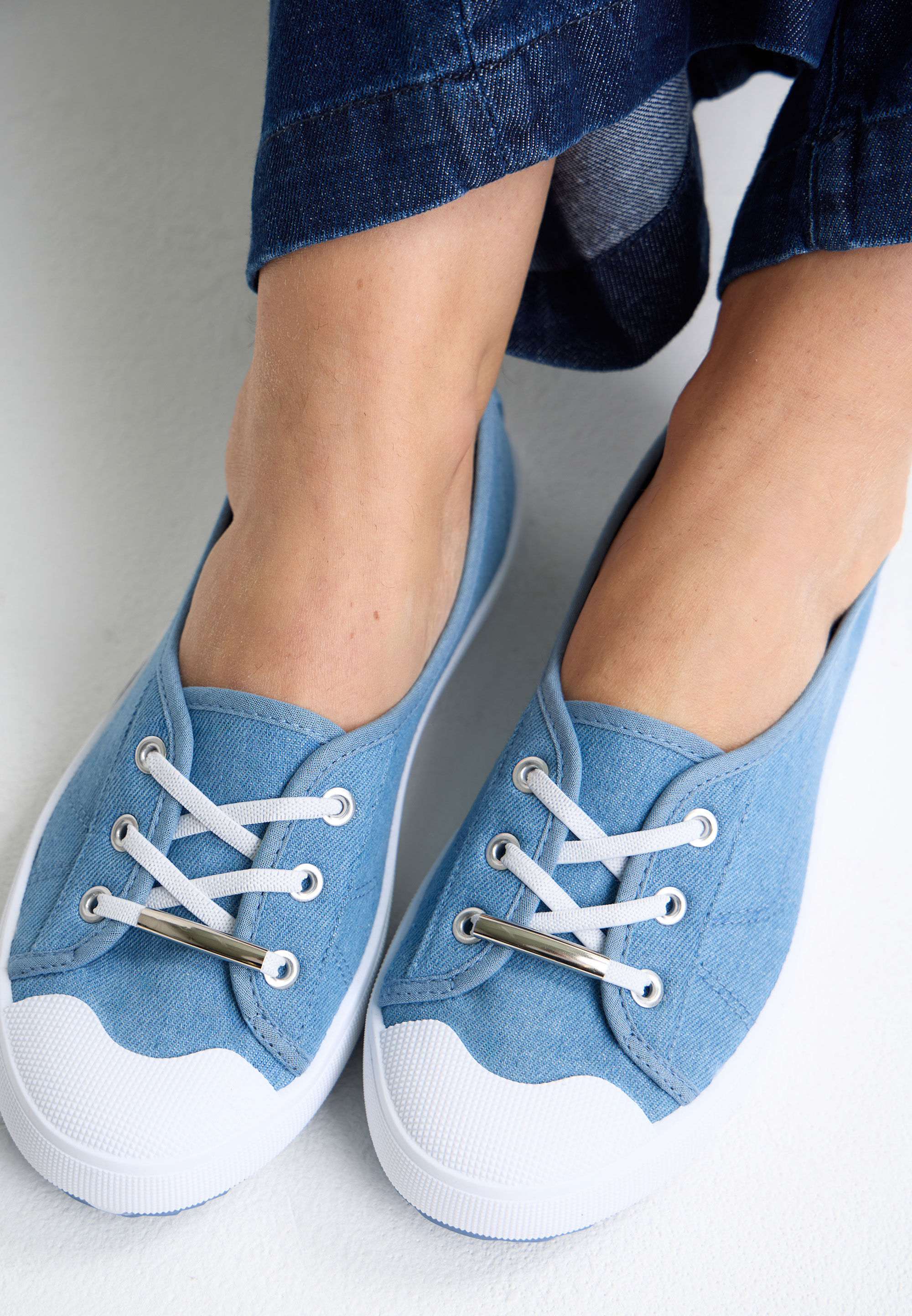 Womens Blue Denim Look Lace Up Trainers