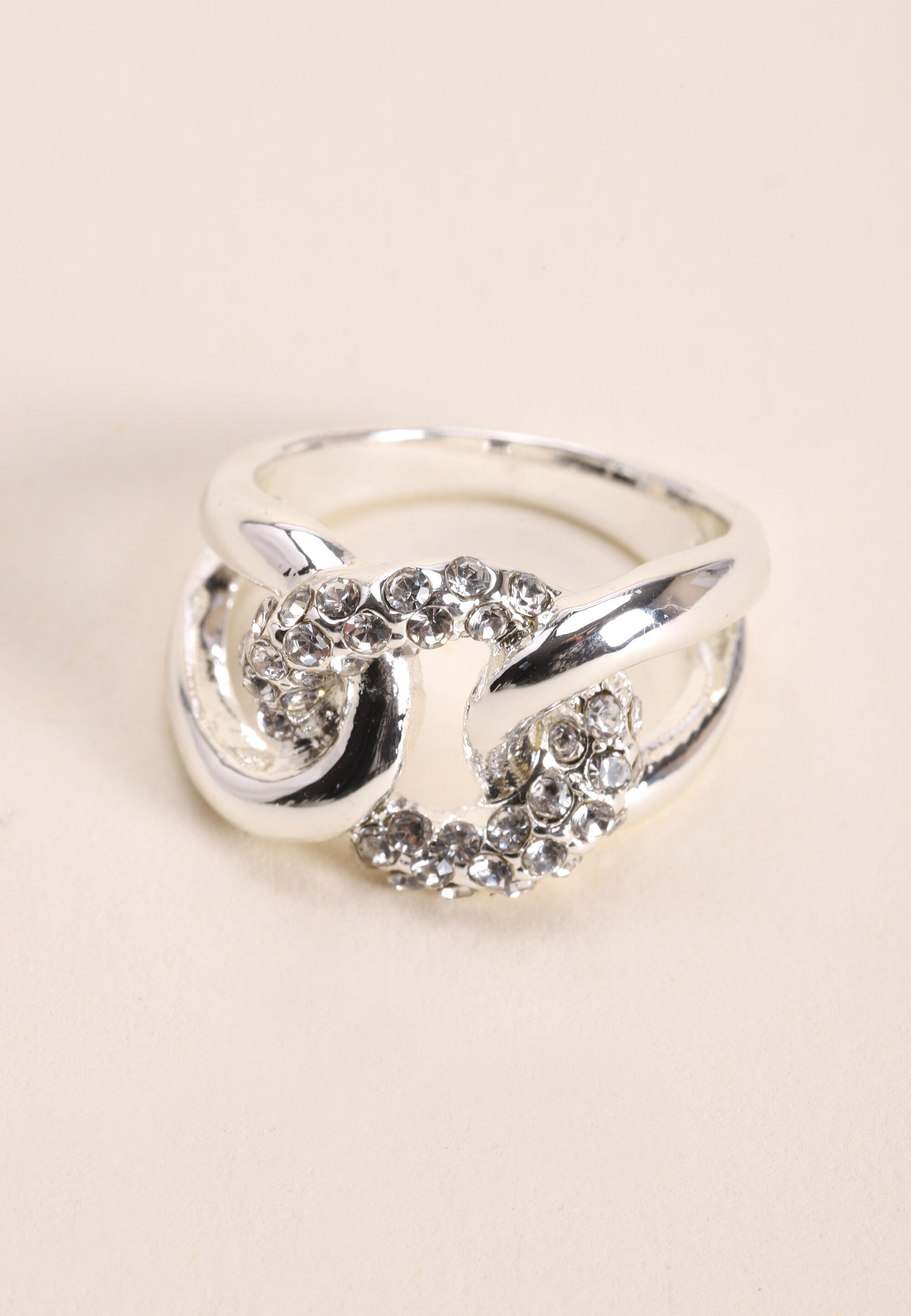 Womens Silver Diamante Loop Chain Ring