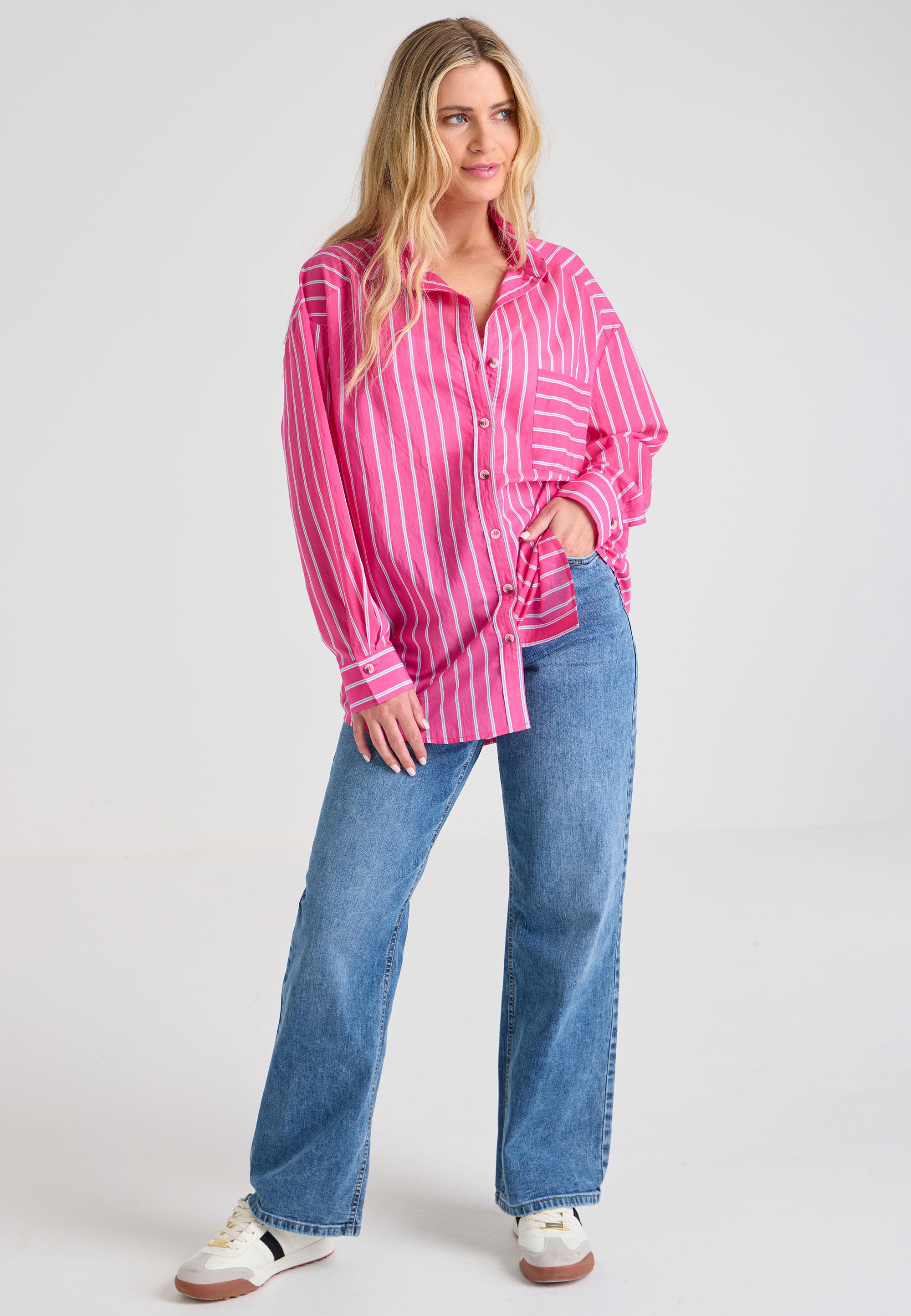 Womens Pink & Blue Stripe Long Sleeve Shirt