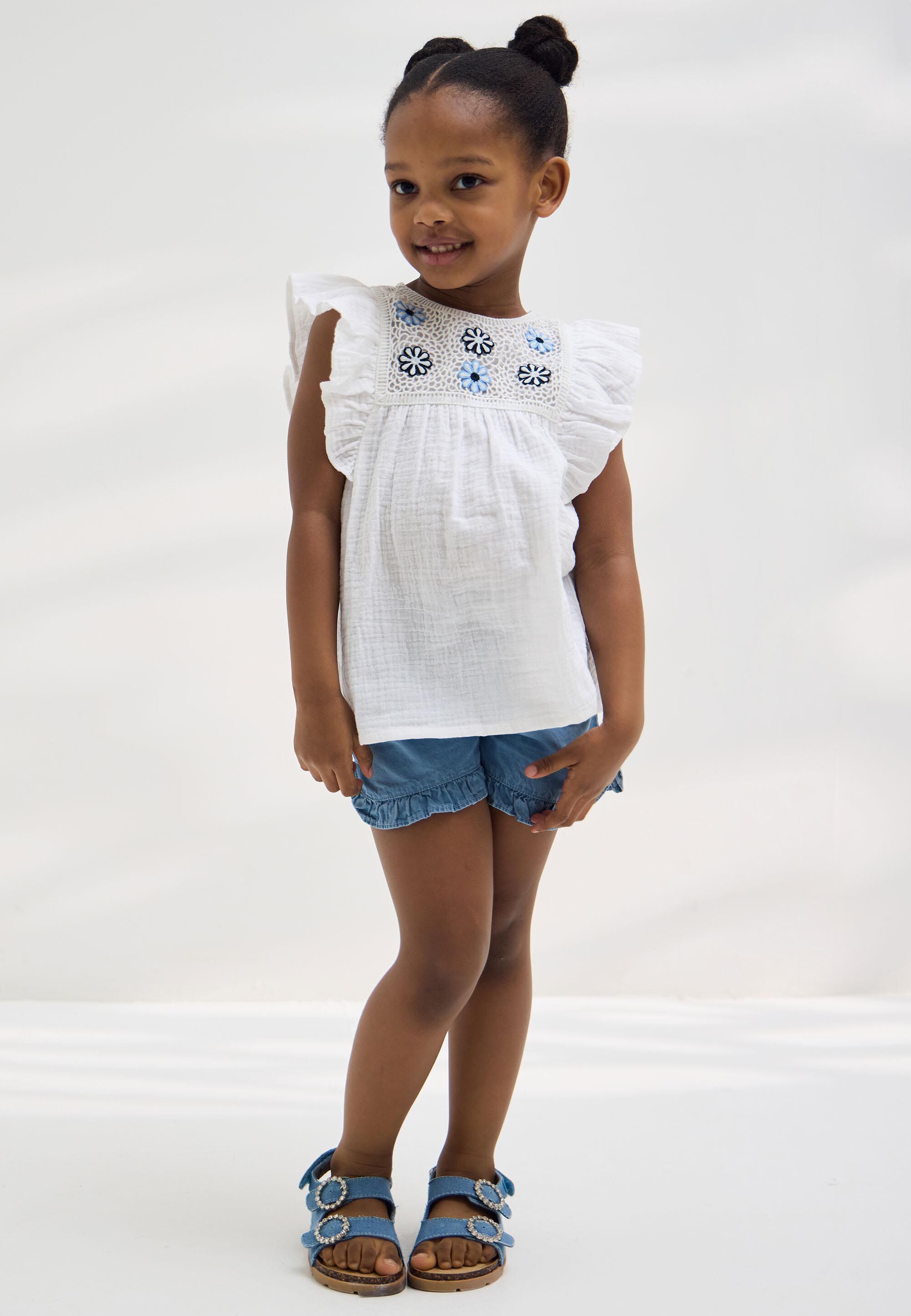 Younger Girls White Crochet & Denim Short Set