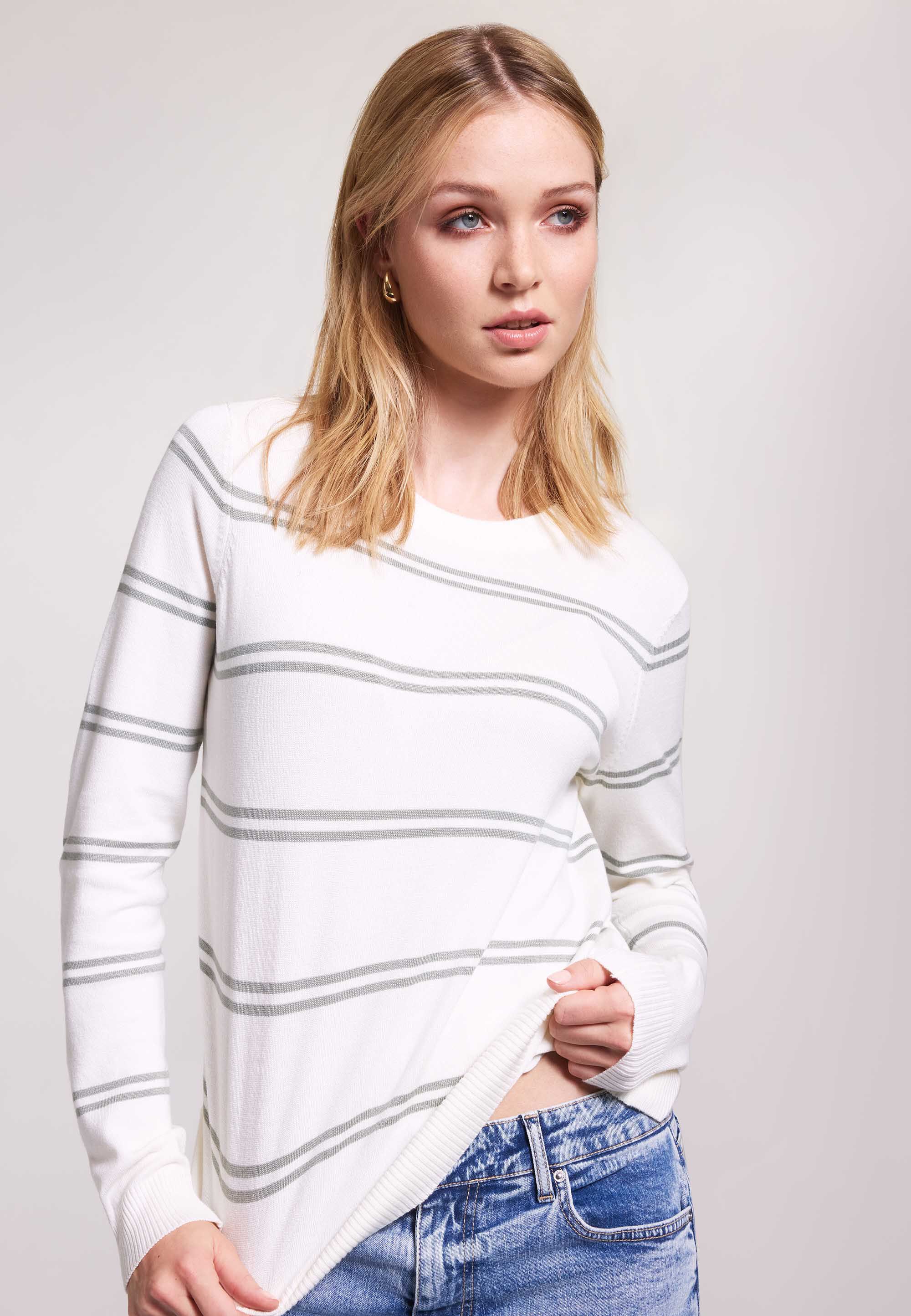 Womens Cream & Khaki Stripe Crew Neck Jumper