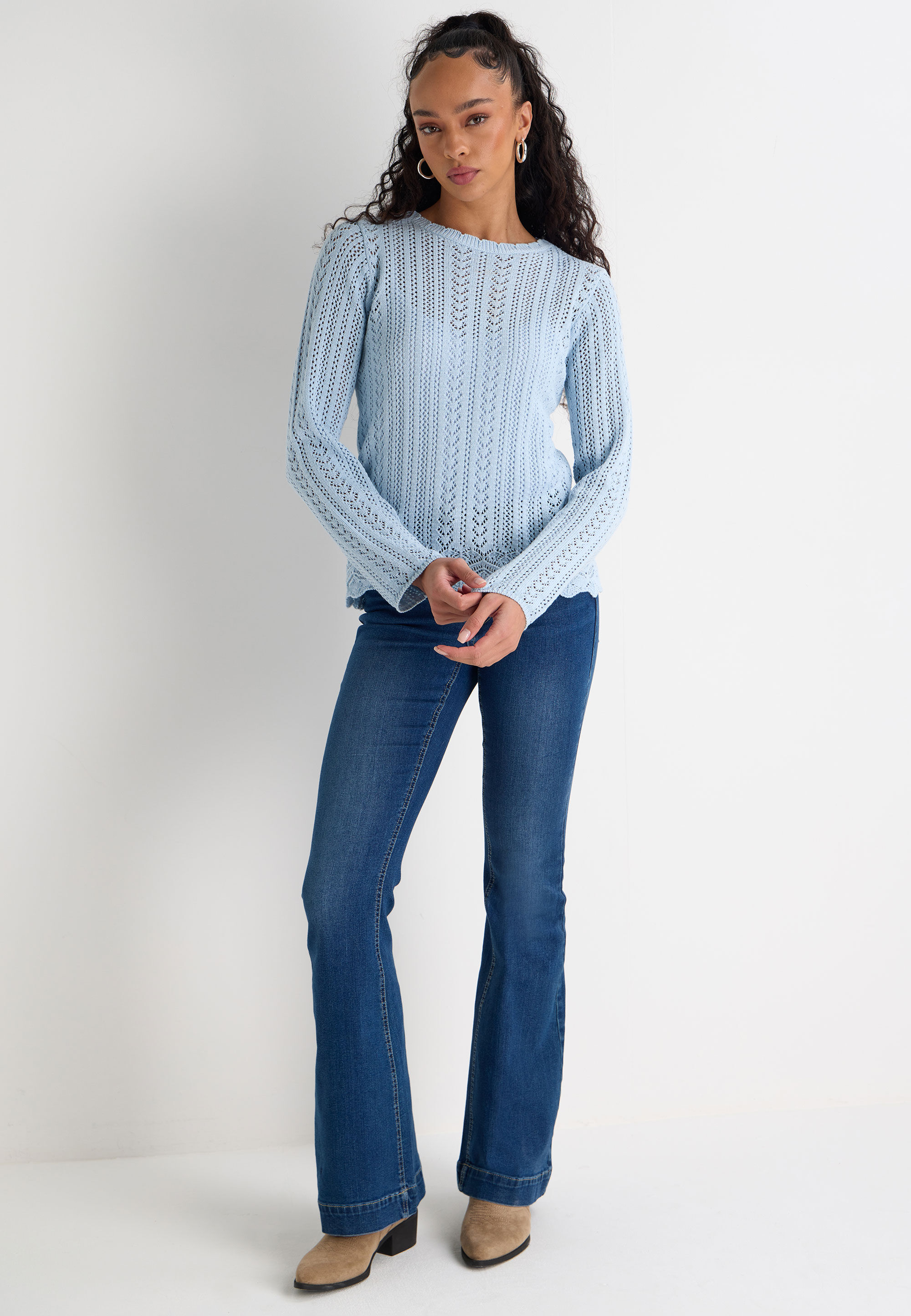 Womens Blue Crochet Knit Jumper