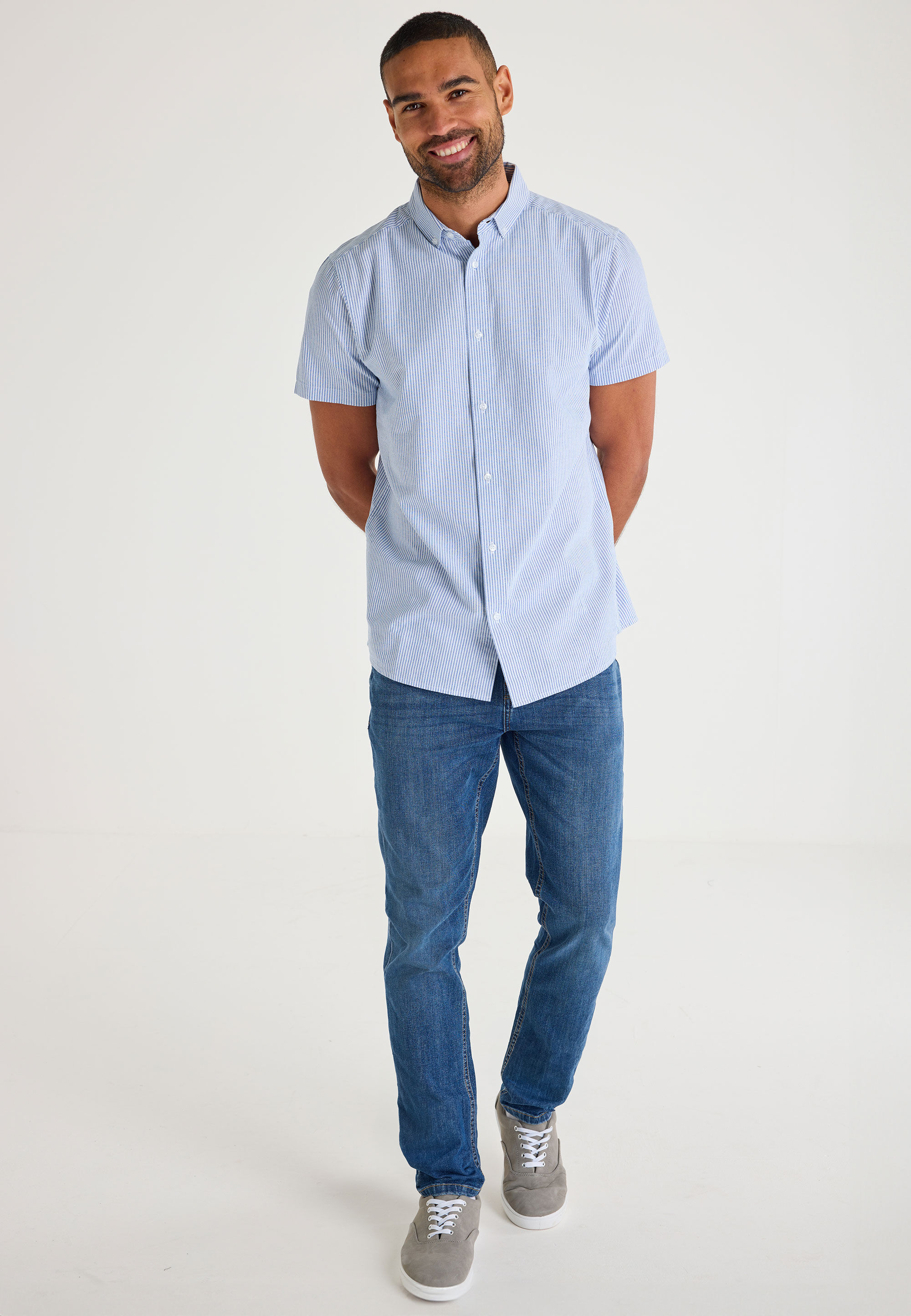 Mens Blue Stripe Short Sleeve Oxford Shirt