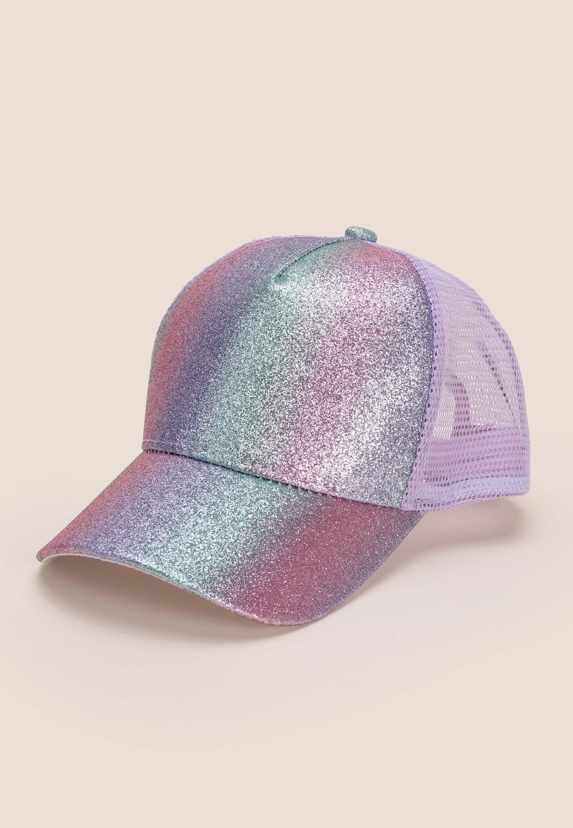 Younger Girls Pink Glitter Rainbow Baseball Hat