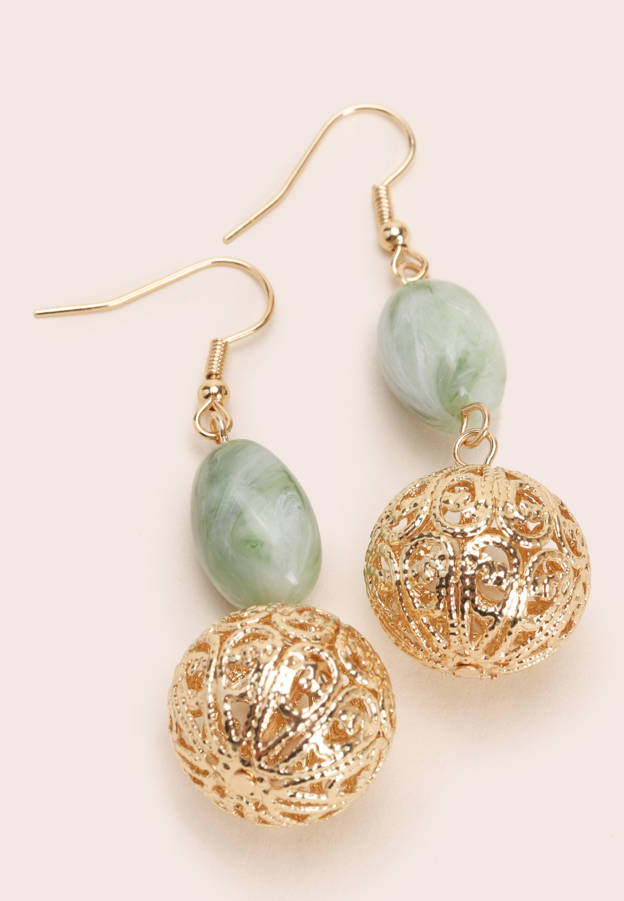 Womens Sage & Gold Filigree Bead Drop Earrings