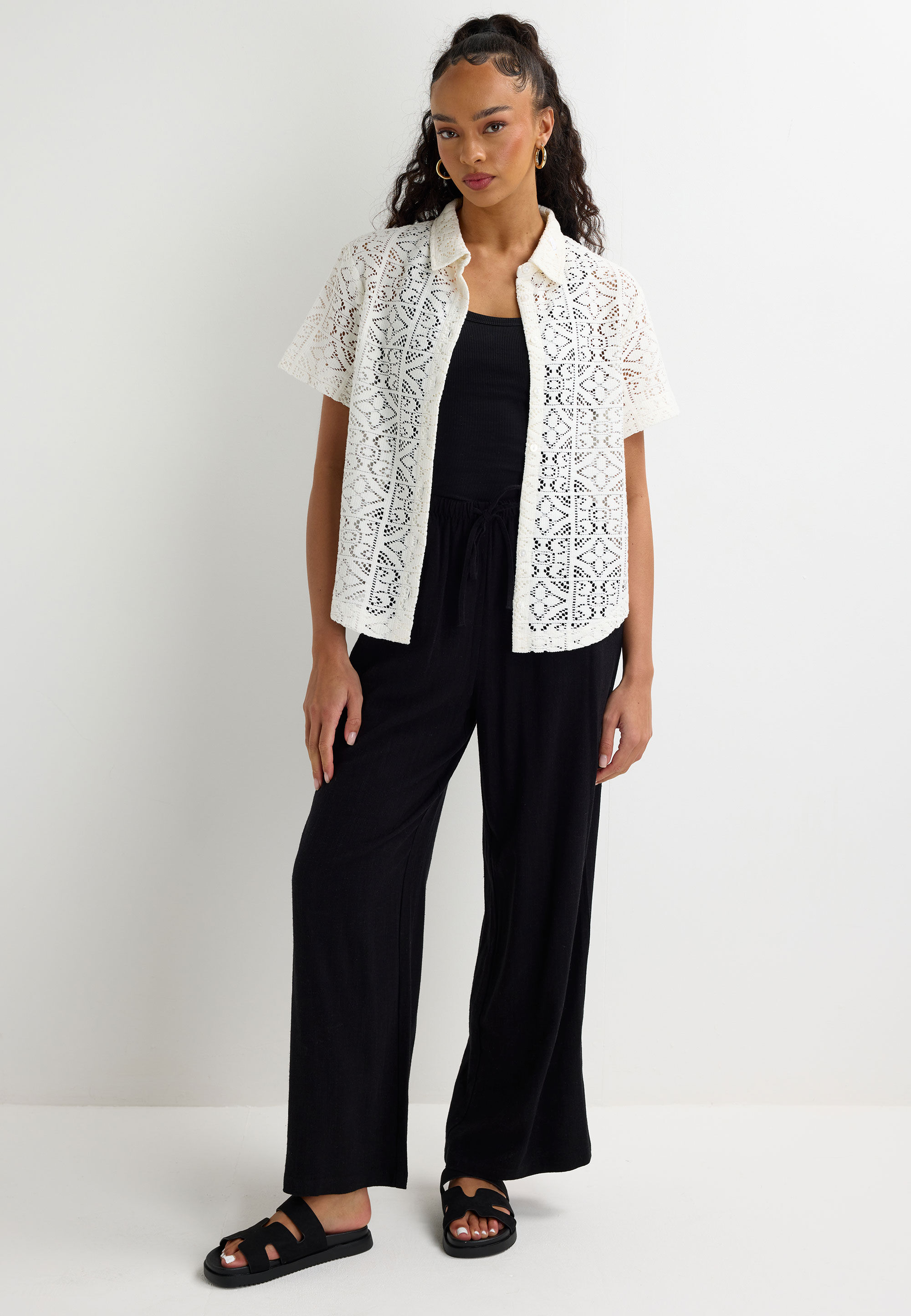 Womens White Crochet Button Front Short Sleeve Shirt