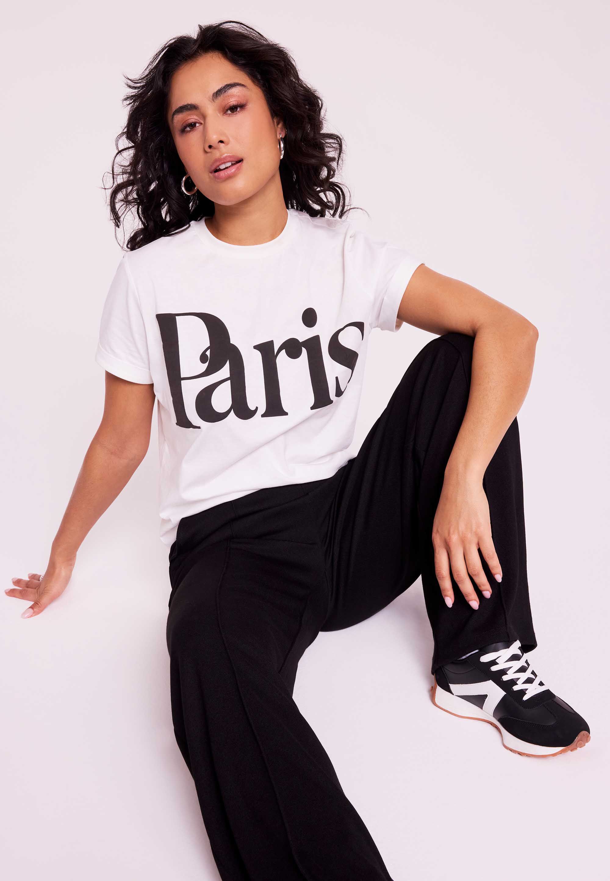 Womens White Paris Slogan Roll Sleeve T-shirt