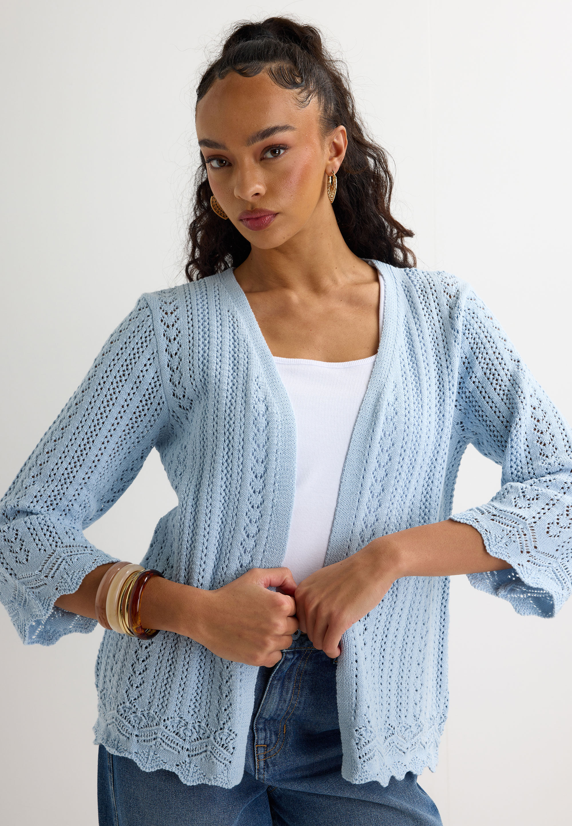 Womens Blue Crochet Knit Cardigan