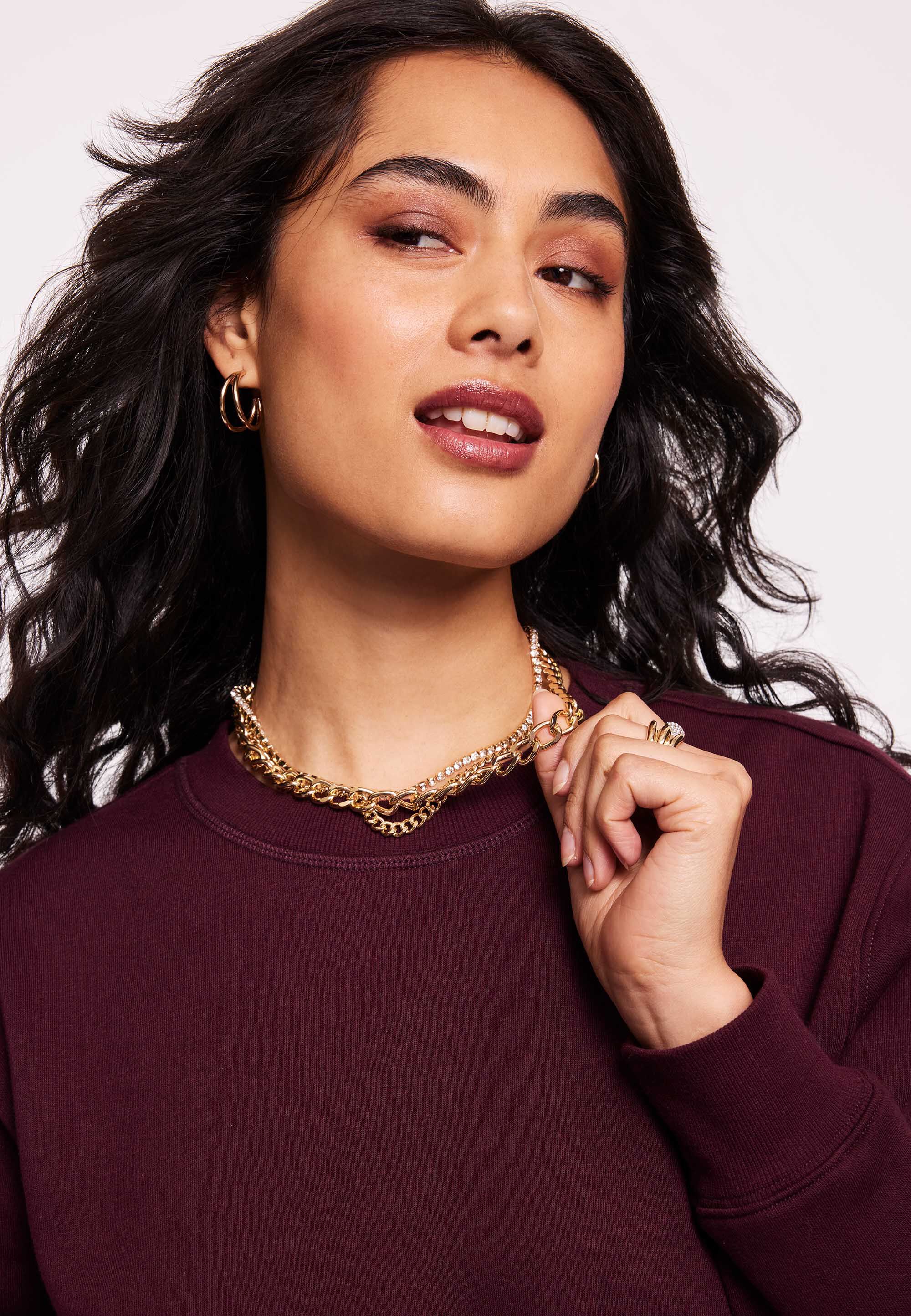 Womens Gold 3 Row Chunky Chain Diamante Necklace