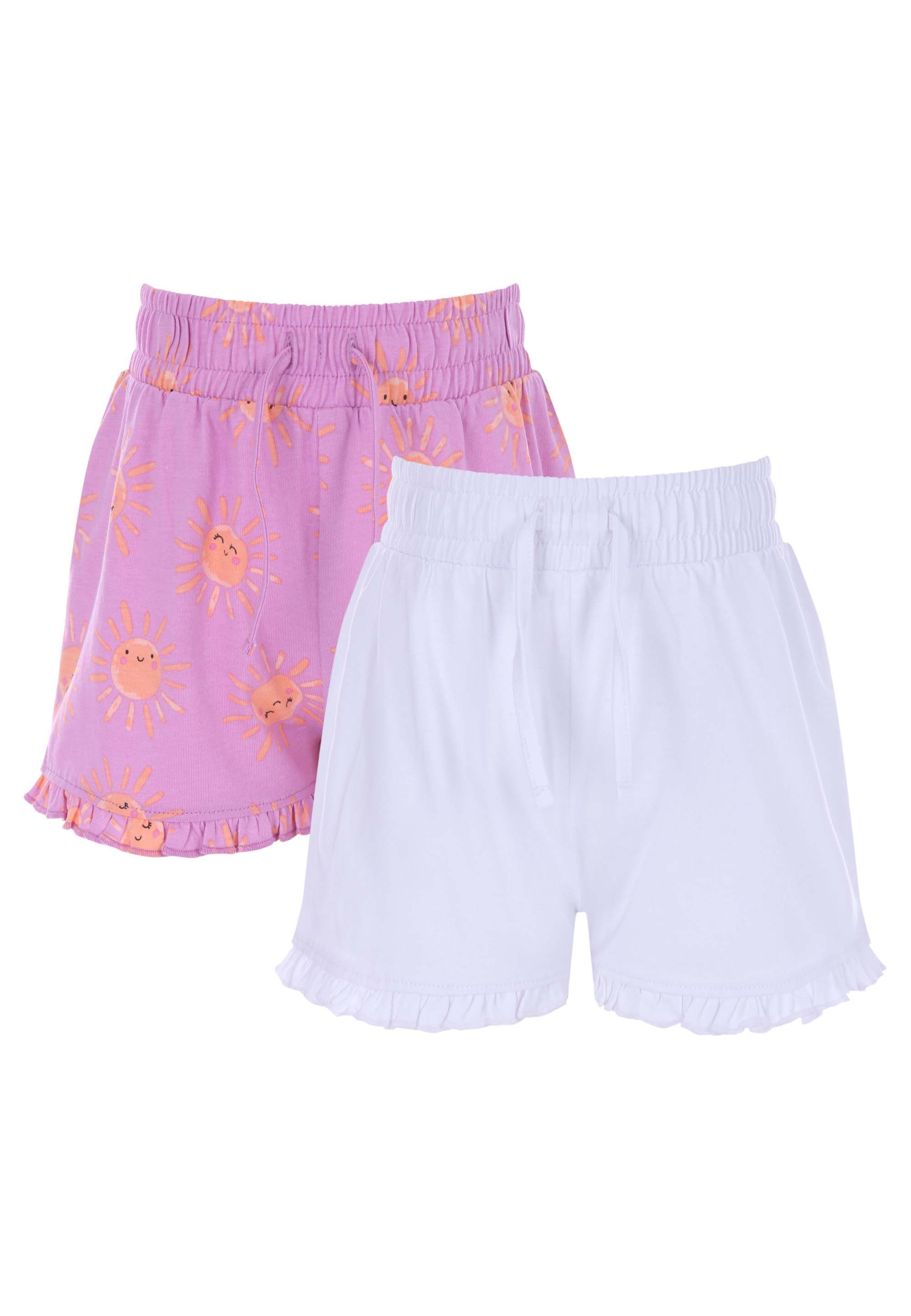 Younger Girls 2pk Pink Sun Print & White Frill Shorts