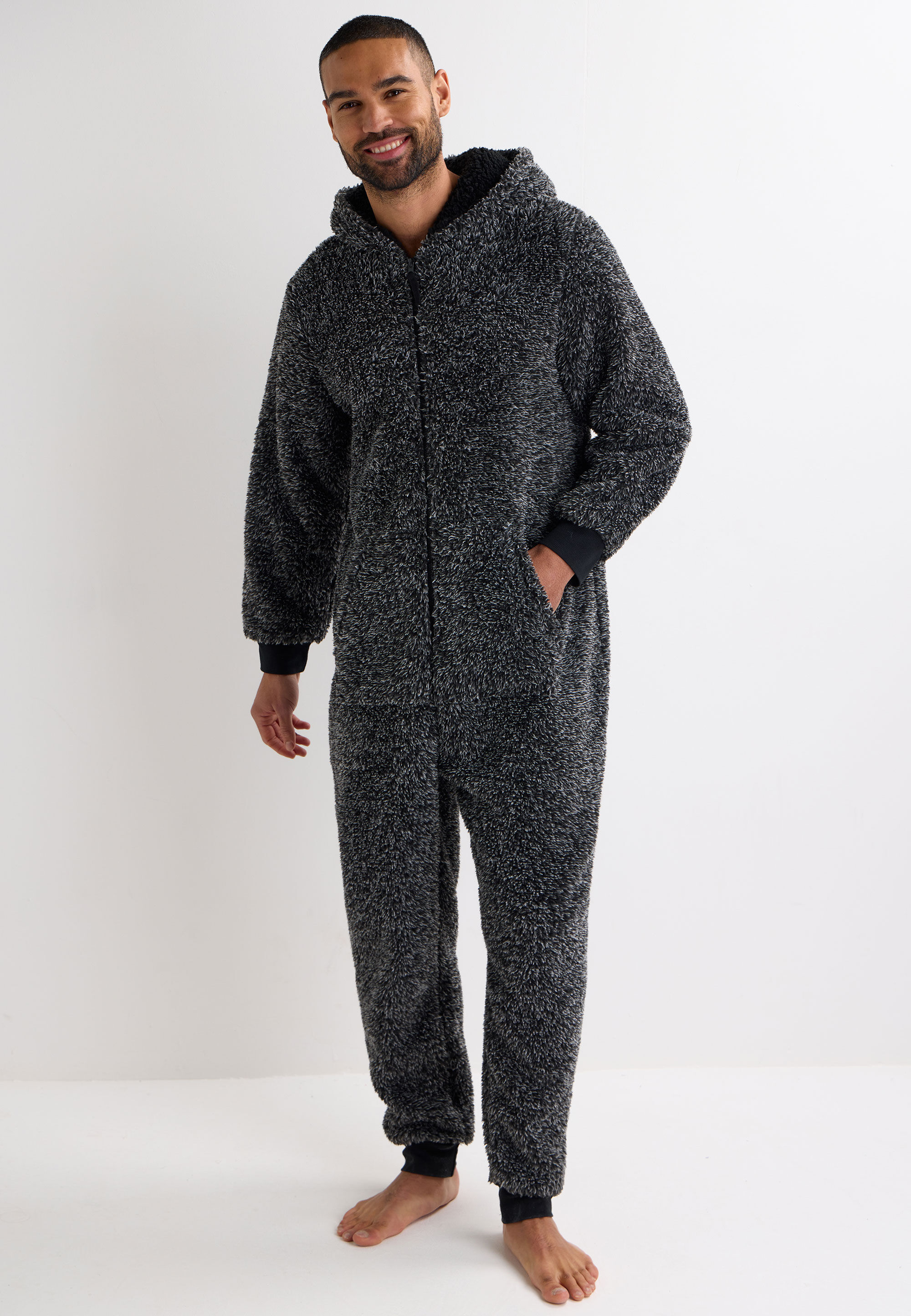 Mens Grey Sherpa Hooded Onesie