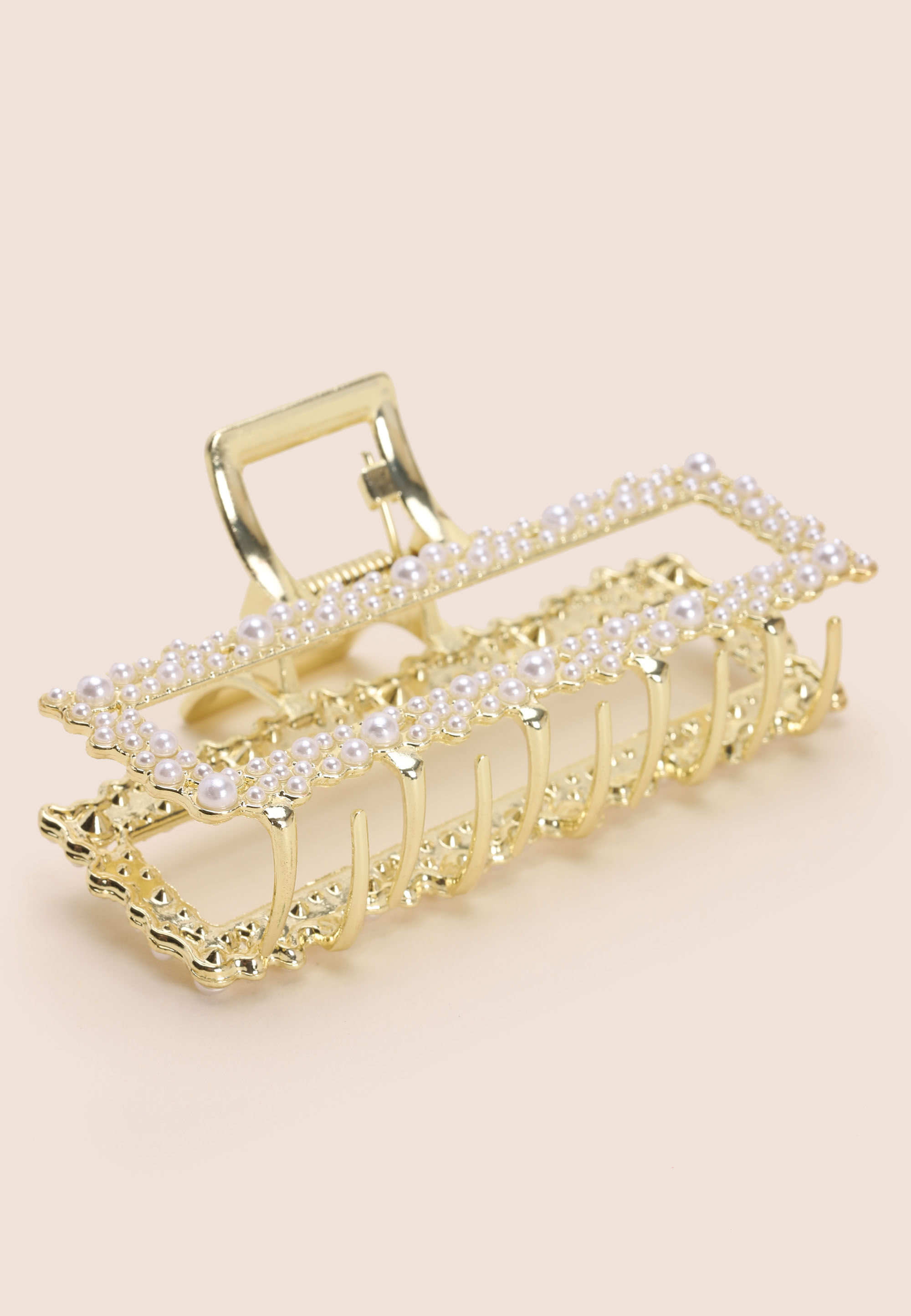 Womens Gold & Pearl Rectangle Claw Hair Clip