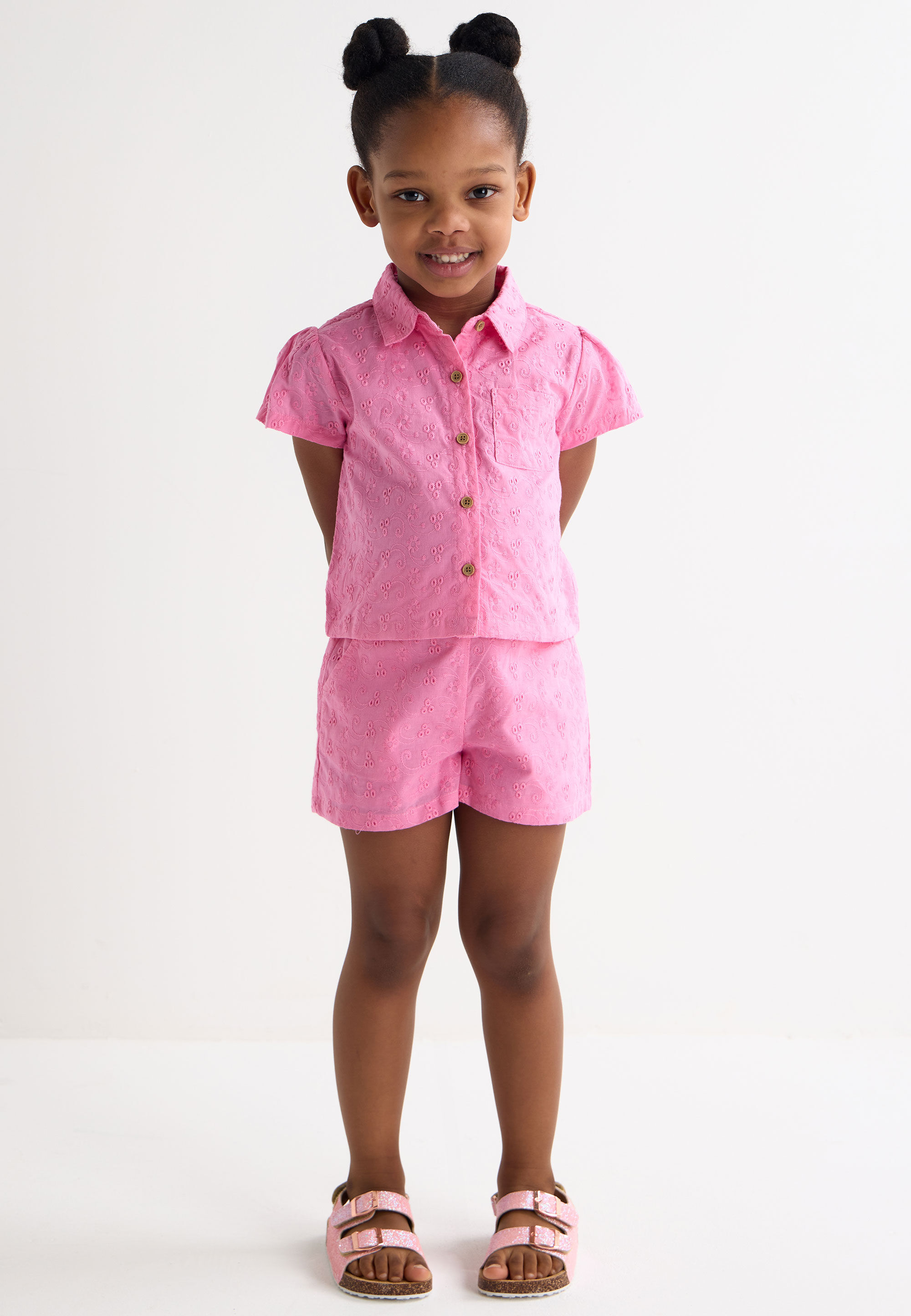 Younger Girls Pink Broderie Anglaise Shirt & Short Set