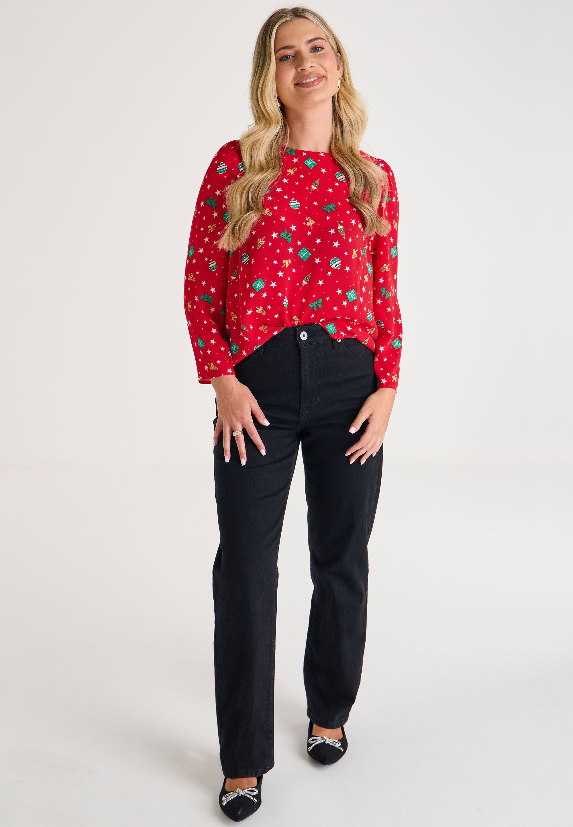 Womens Red Bow Christmas Long Sleeve Top