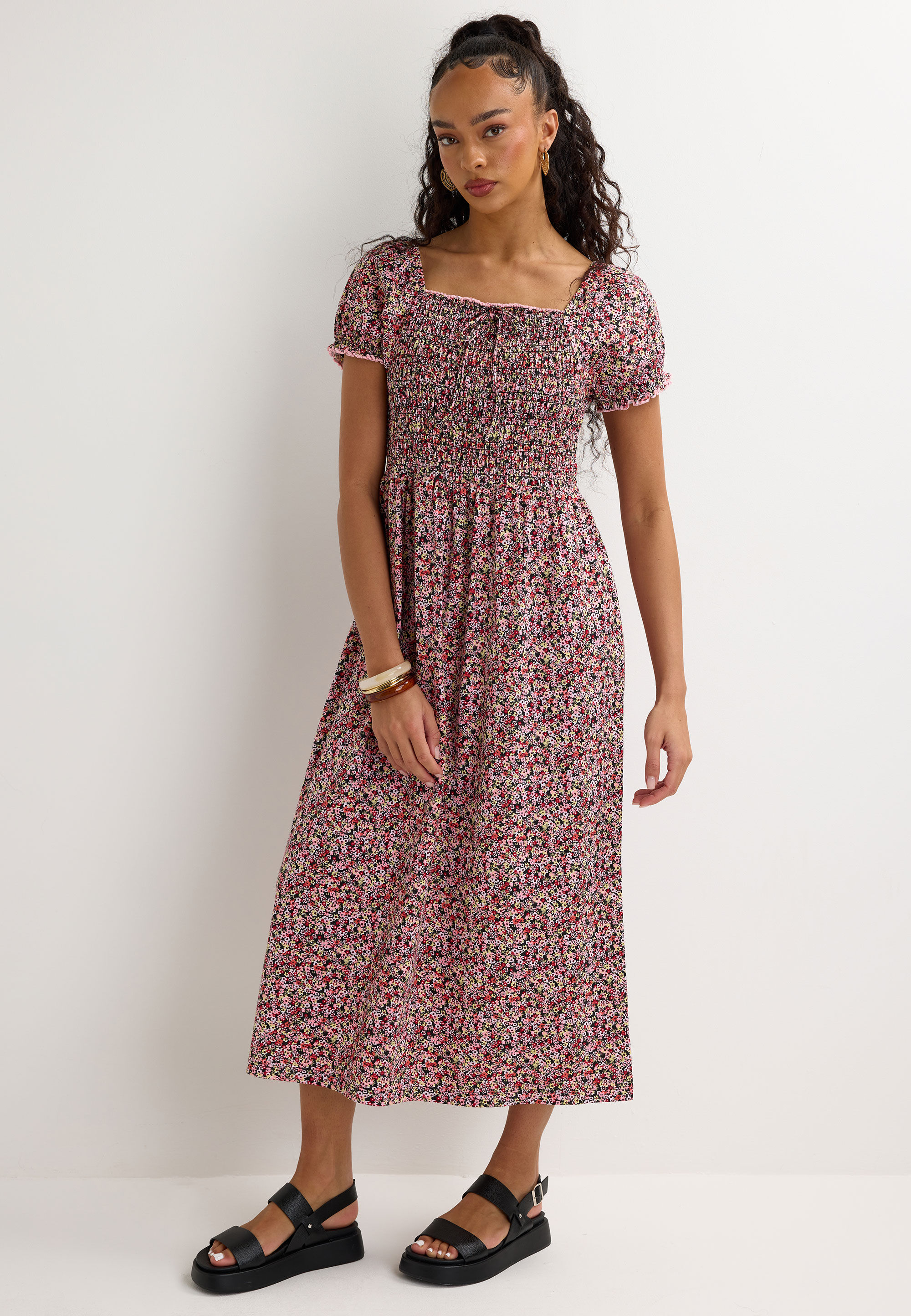 Womens Red Floral Milkmaid Shirred Tie Detail Midi Dress