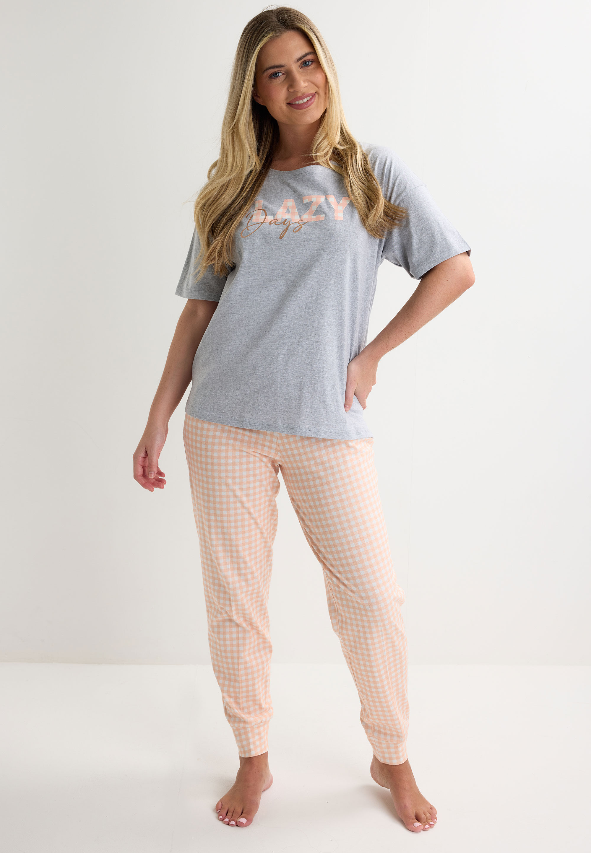 Womens Peach & Grey Gingham Jersey Pyjama Set