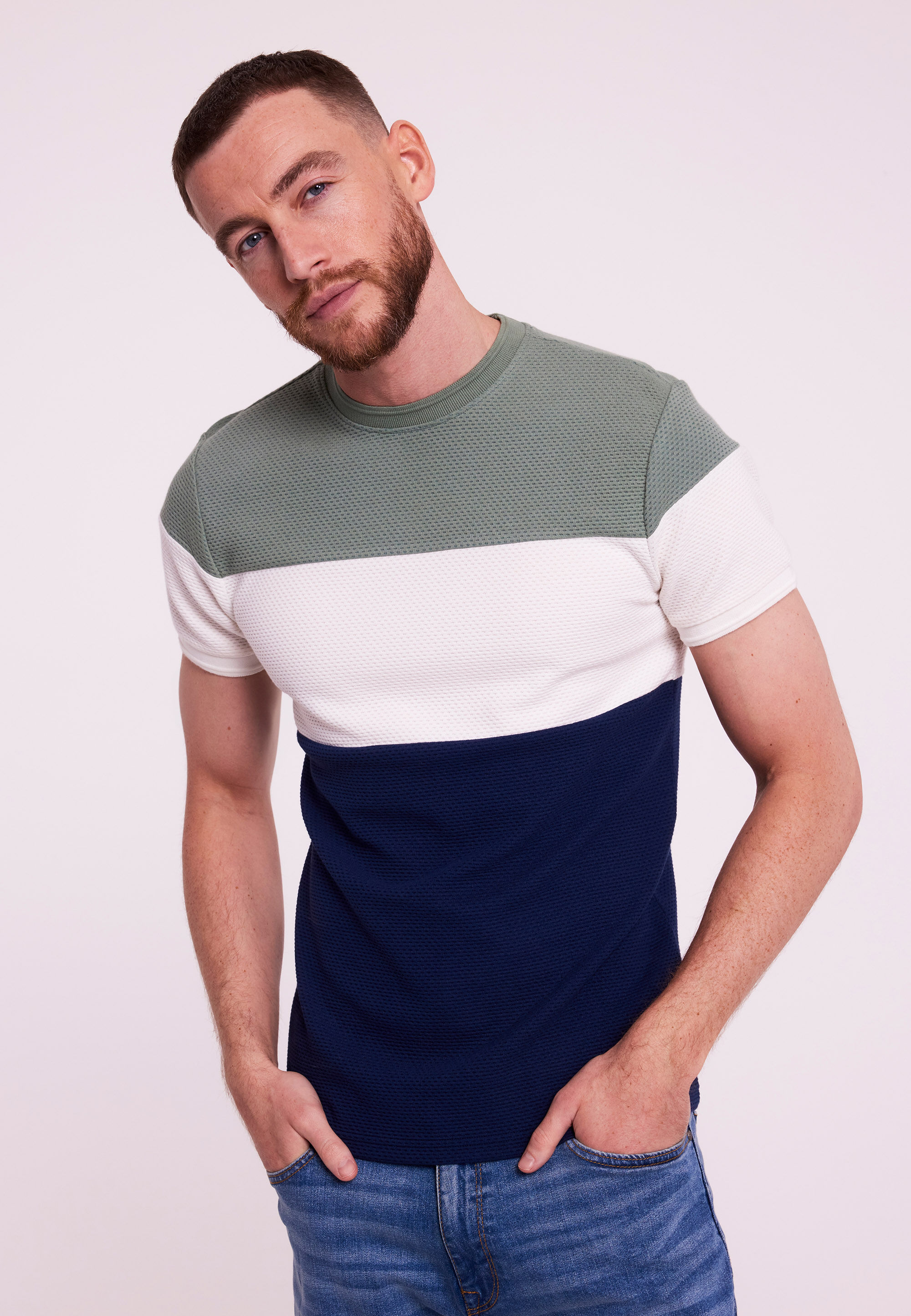 Mens Sage Colour Block Textured T-Shirt