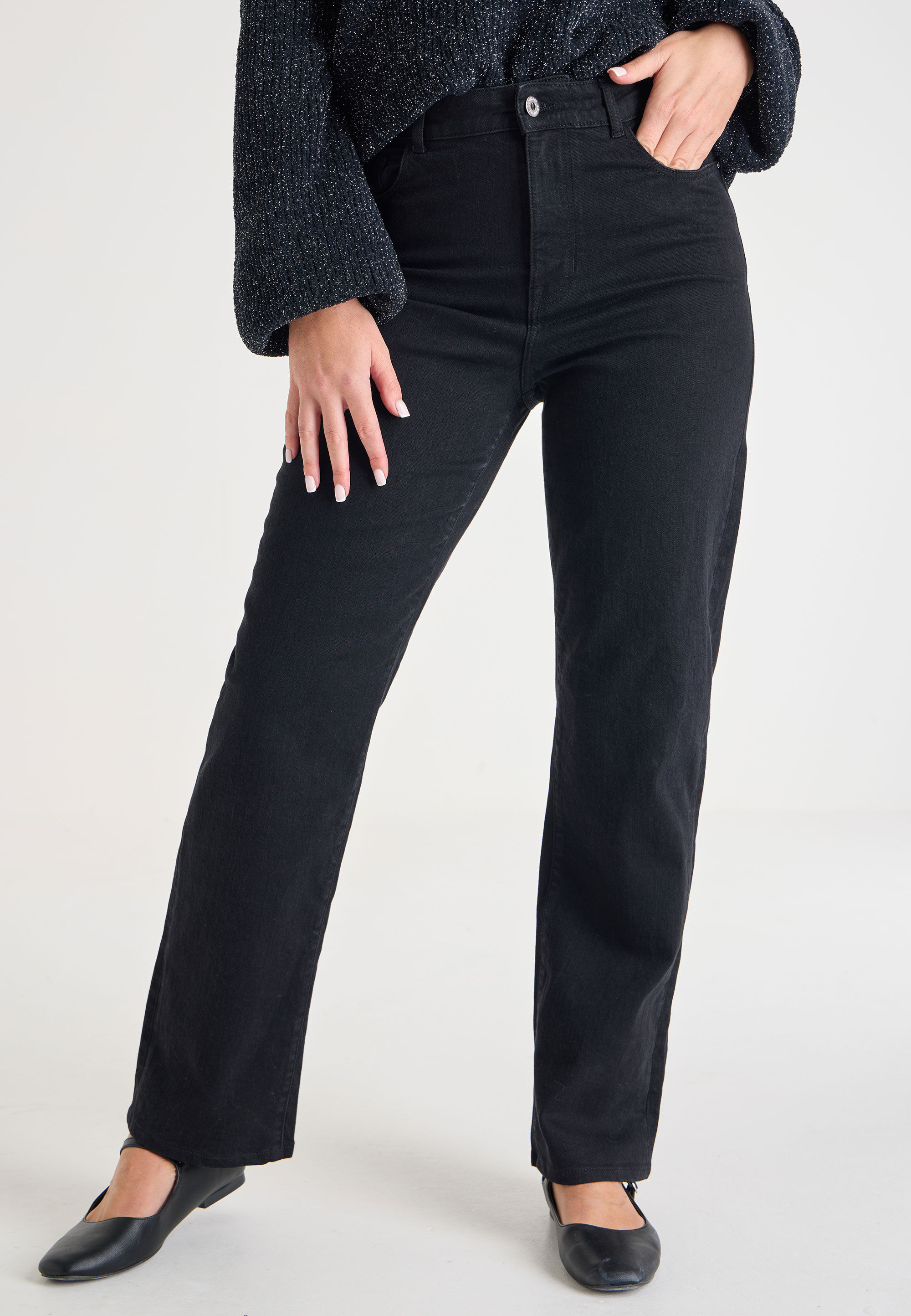 Womens Black Plain Straight Leg Jeans