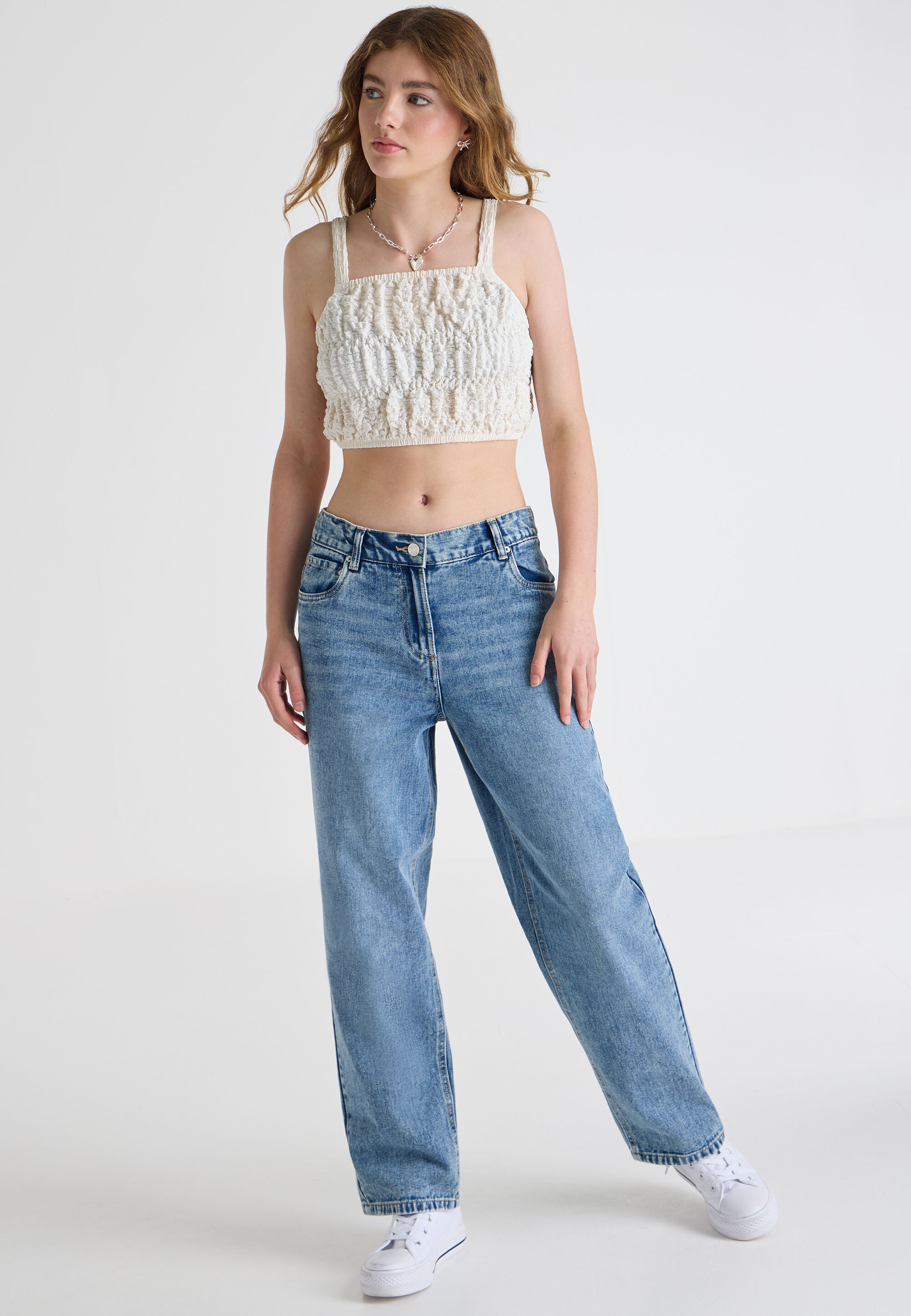 Older Girls Cream Textured Crop Top