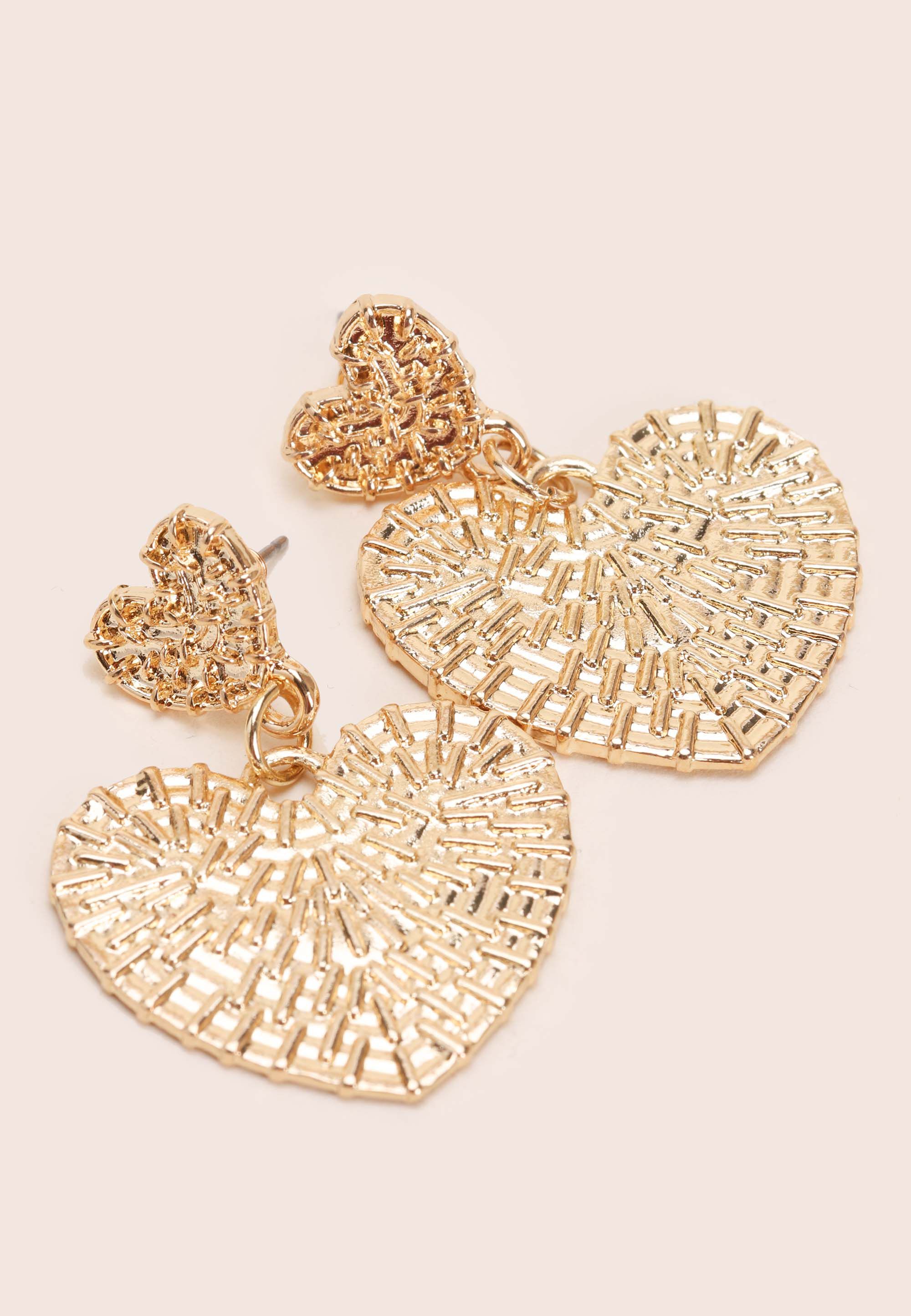 Womens Gold Double Heart Textured Boho Earrings
