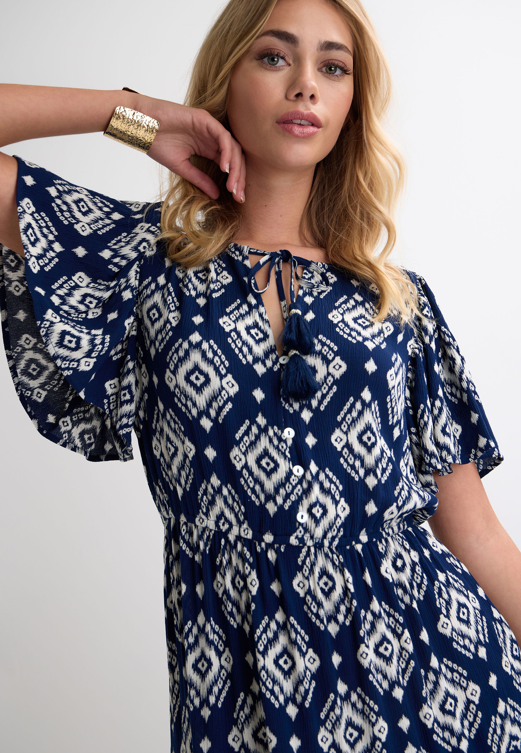 Womens Navy Aztec Print Flutter Sleeve Midi Dress