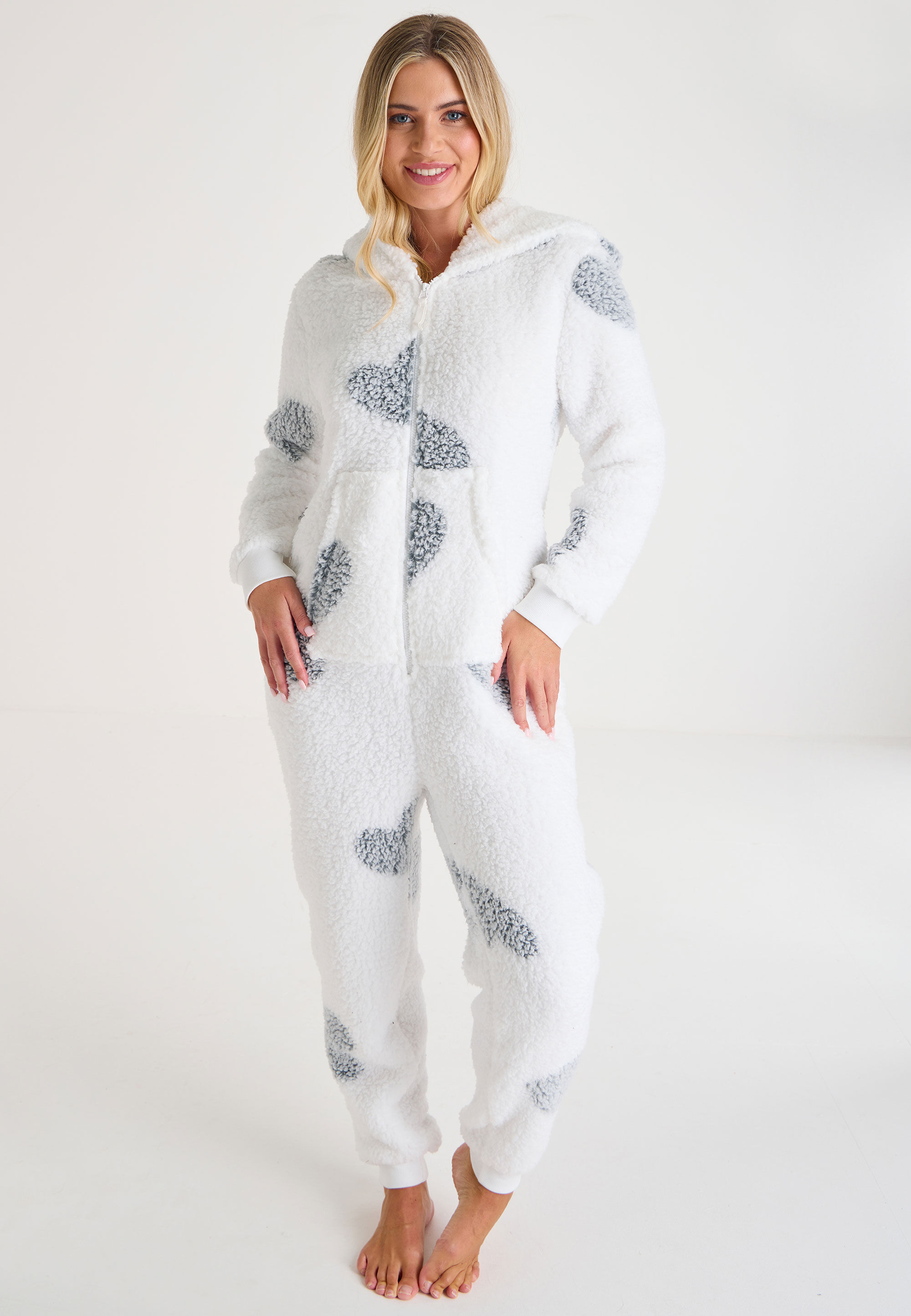 Womens Cream Heart Print Sherpa Hooded Onesie
