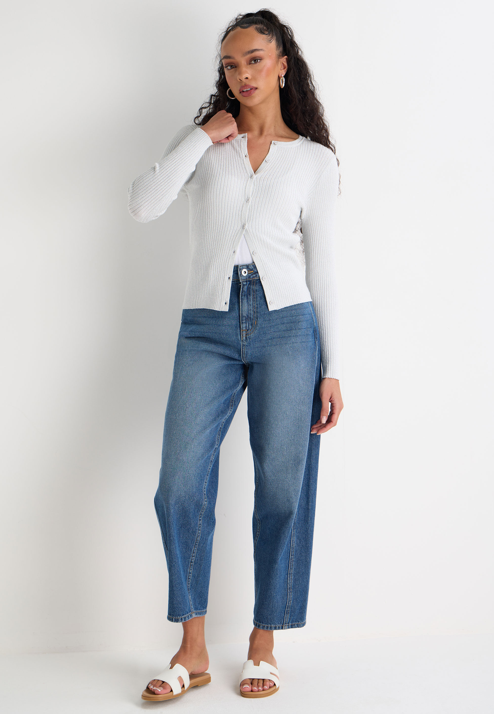 Womens Silver Lurex Crew Neck Cardigan
