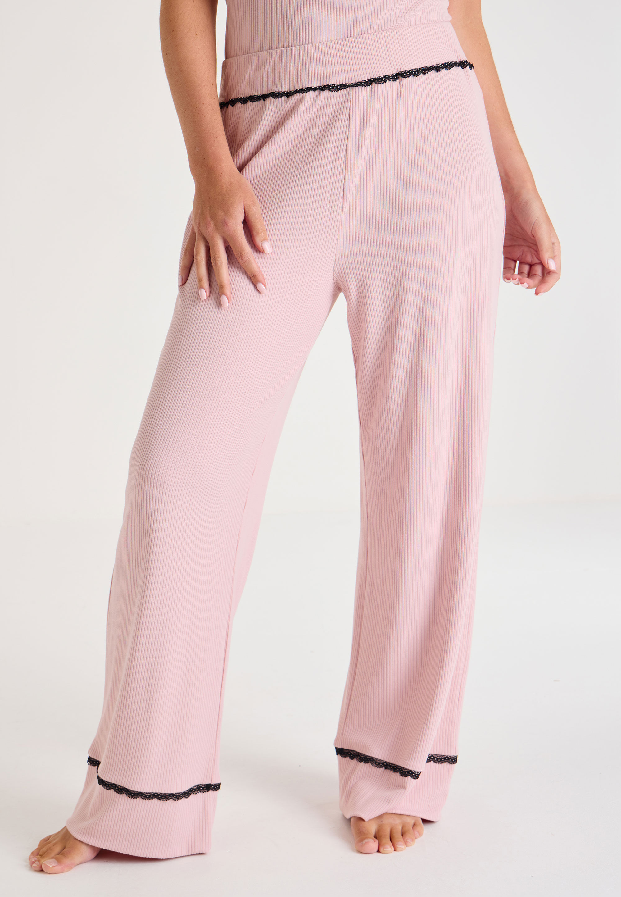 Womens Pink & Black Lace Wide Leg Pyjama Bottoms