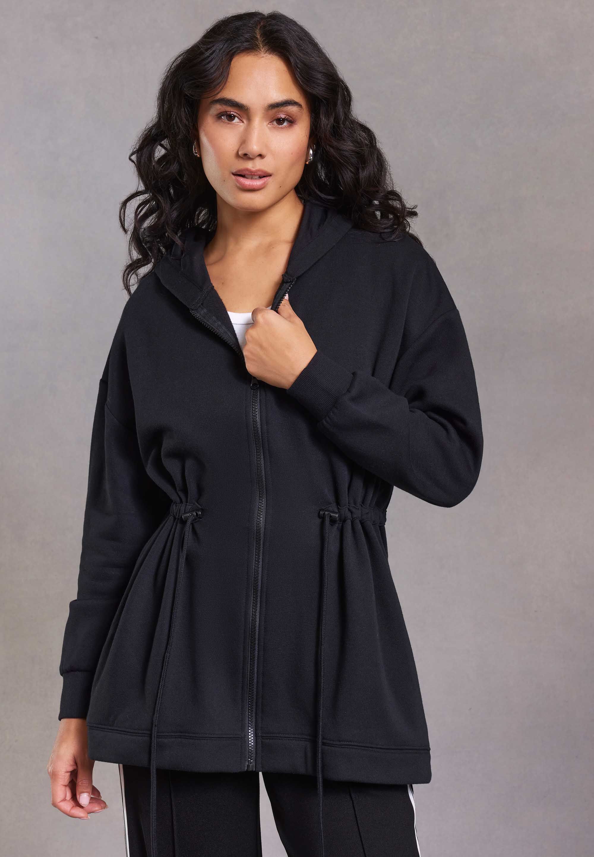 Womens Black Drawstring Waist Hooded Jacket