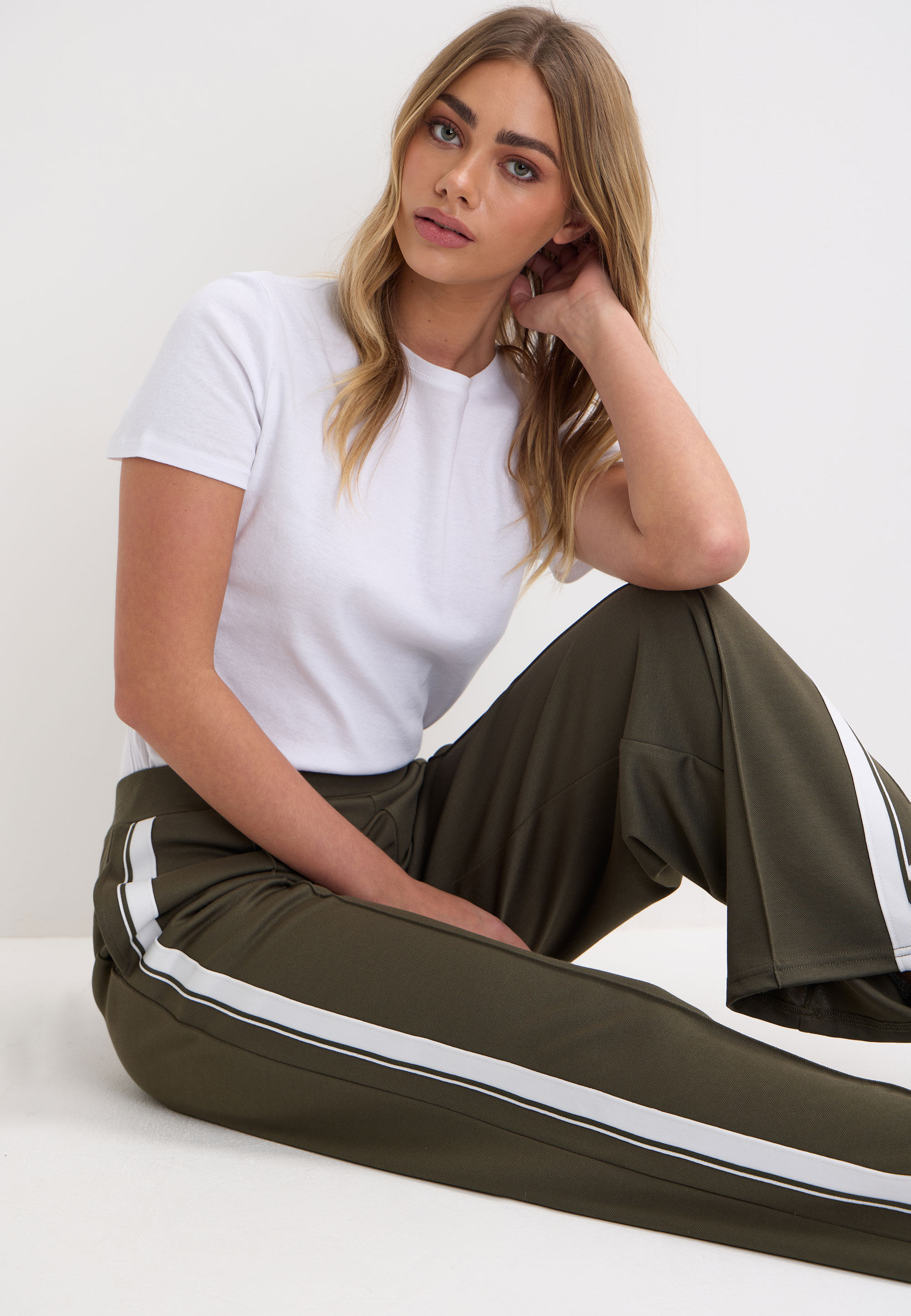Womens Khaki & White Stripe Wide Leg Trousers