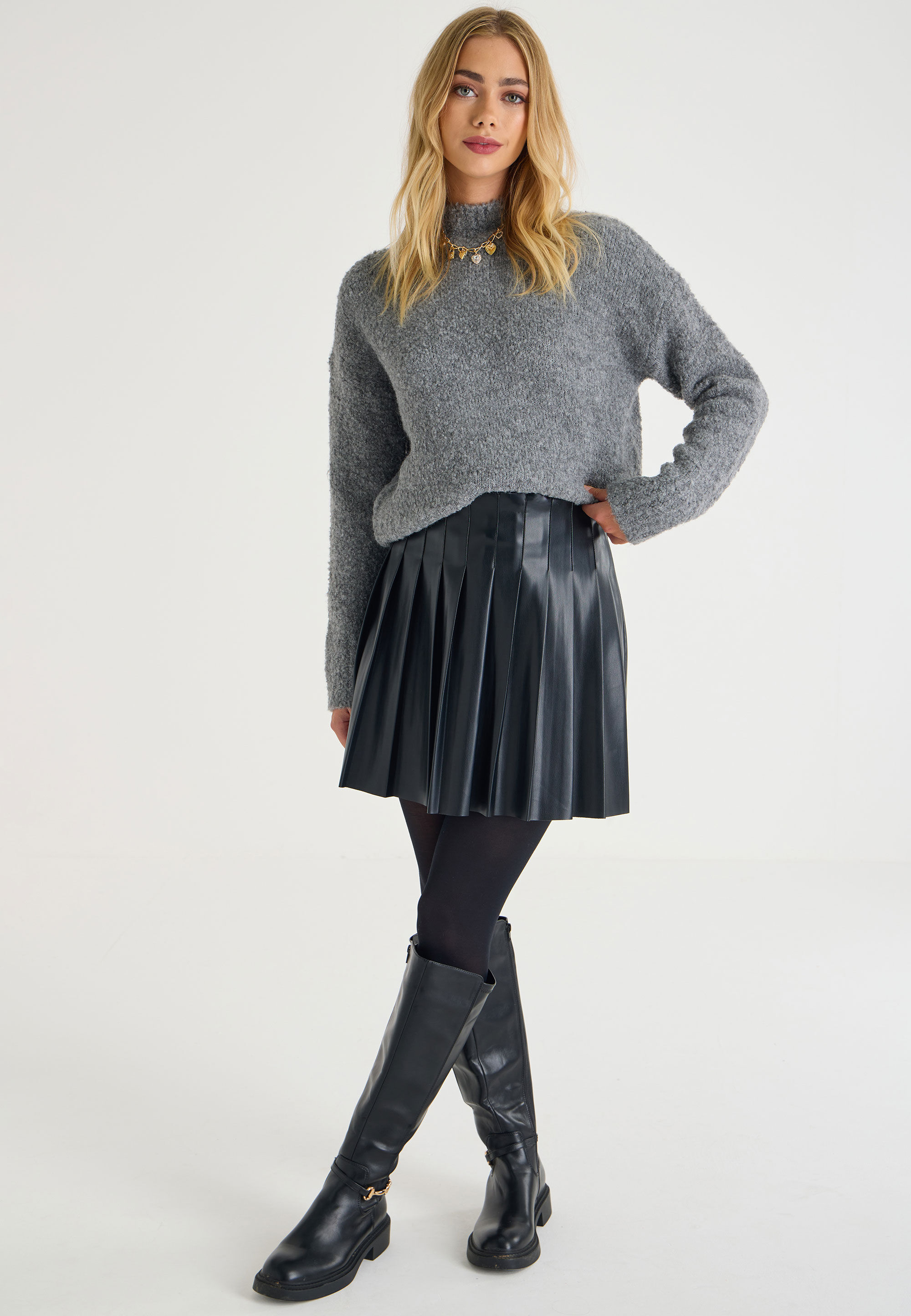 Womens Grey Boucle Knitted Jumper