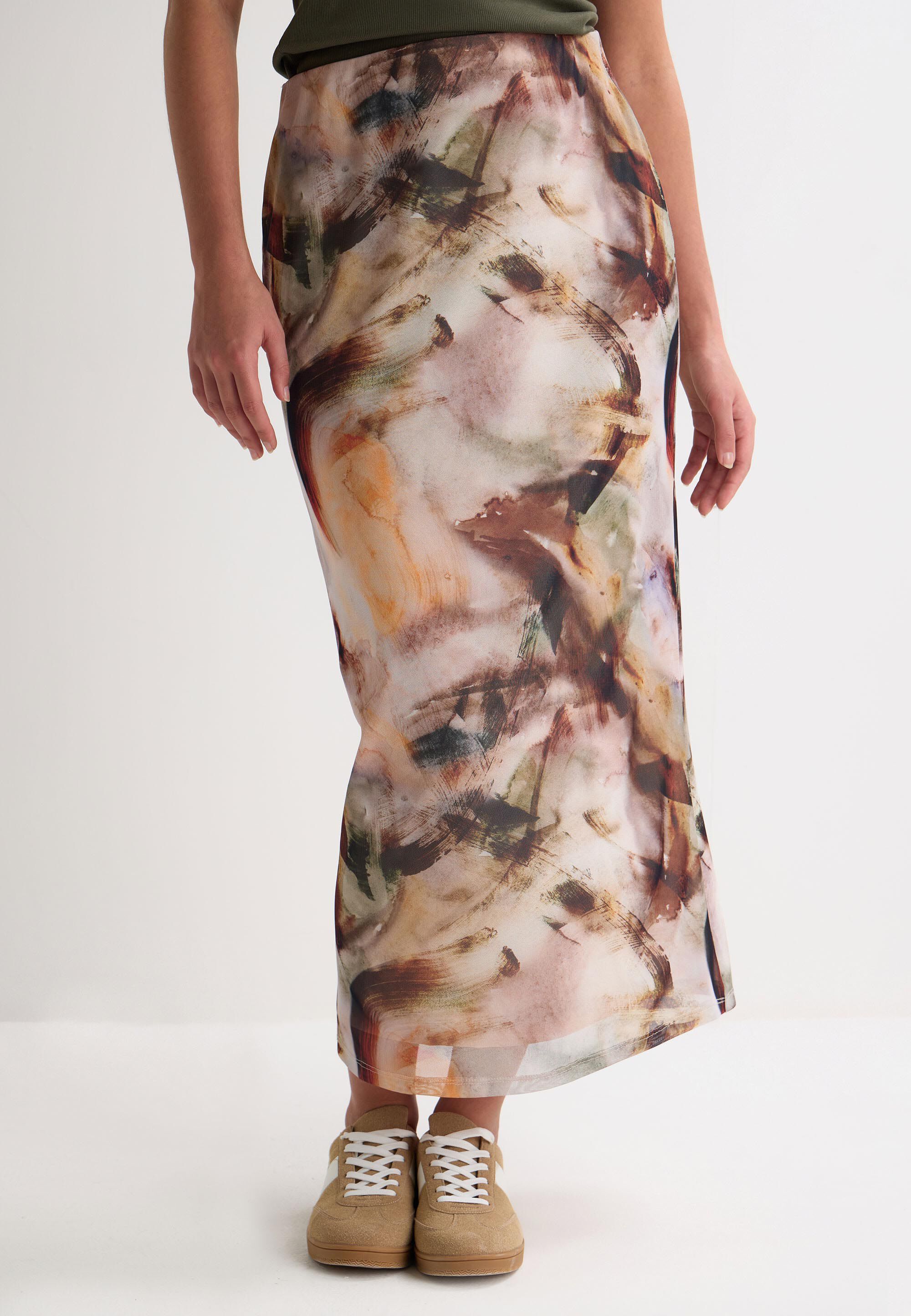 Womens Brown Marble Print Mesh Midi Skirt