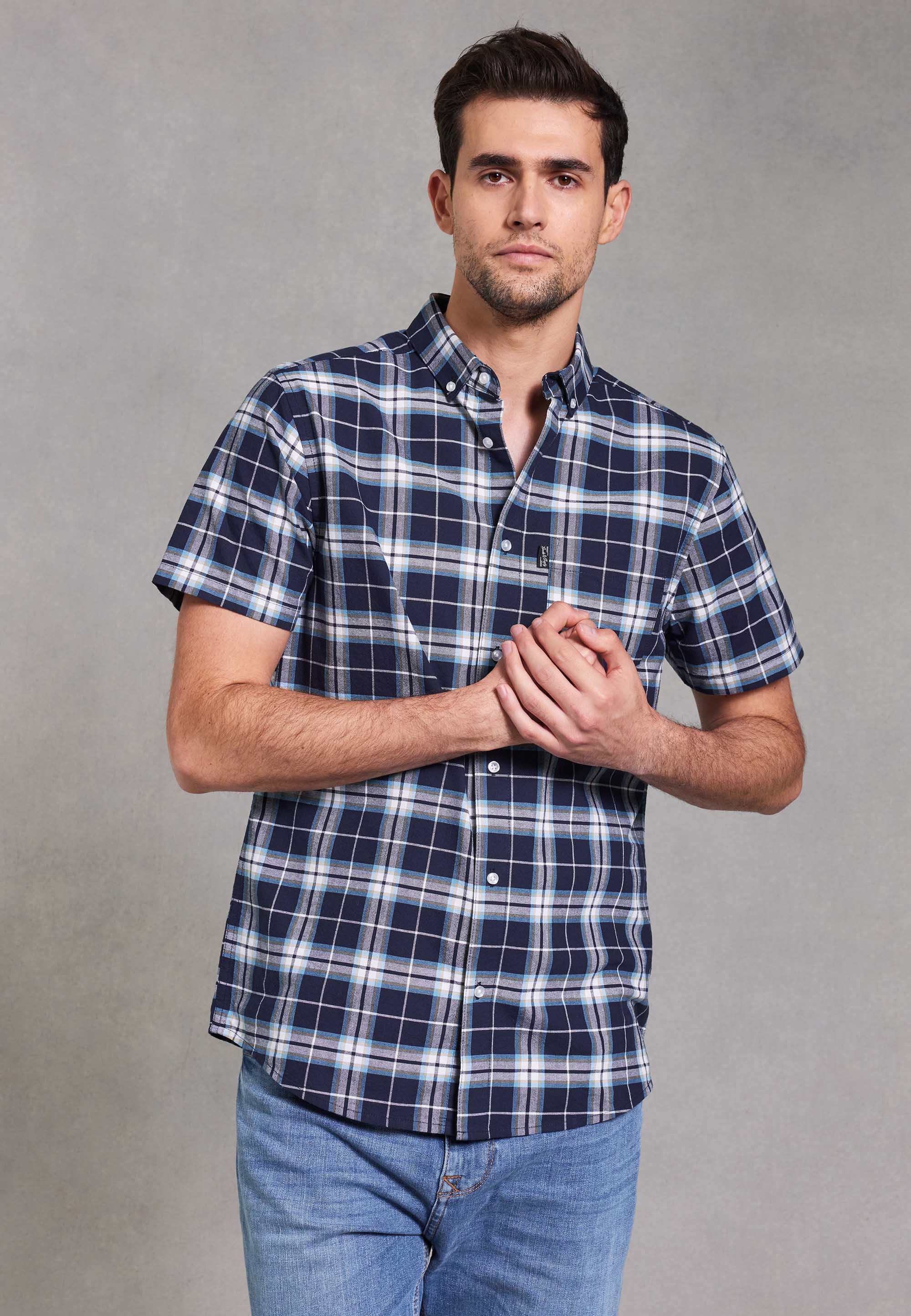 Mens Navy Check Oxford Short Sleeve Shirt