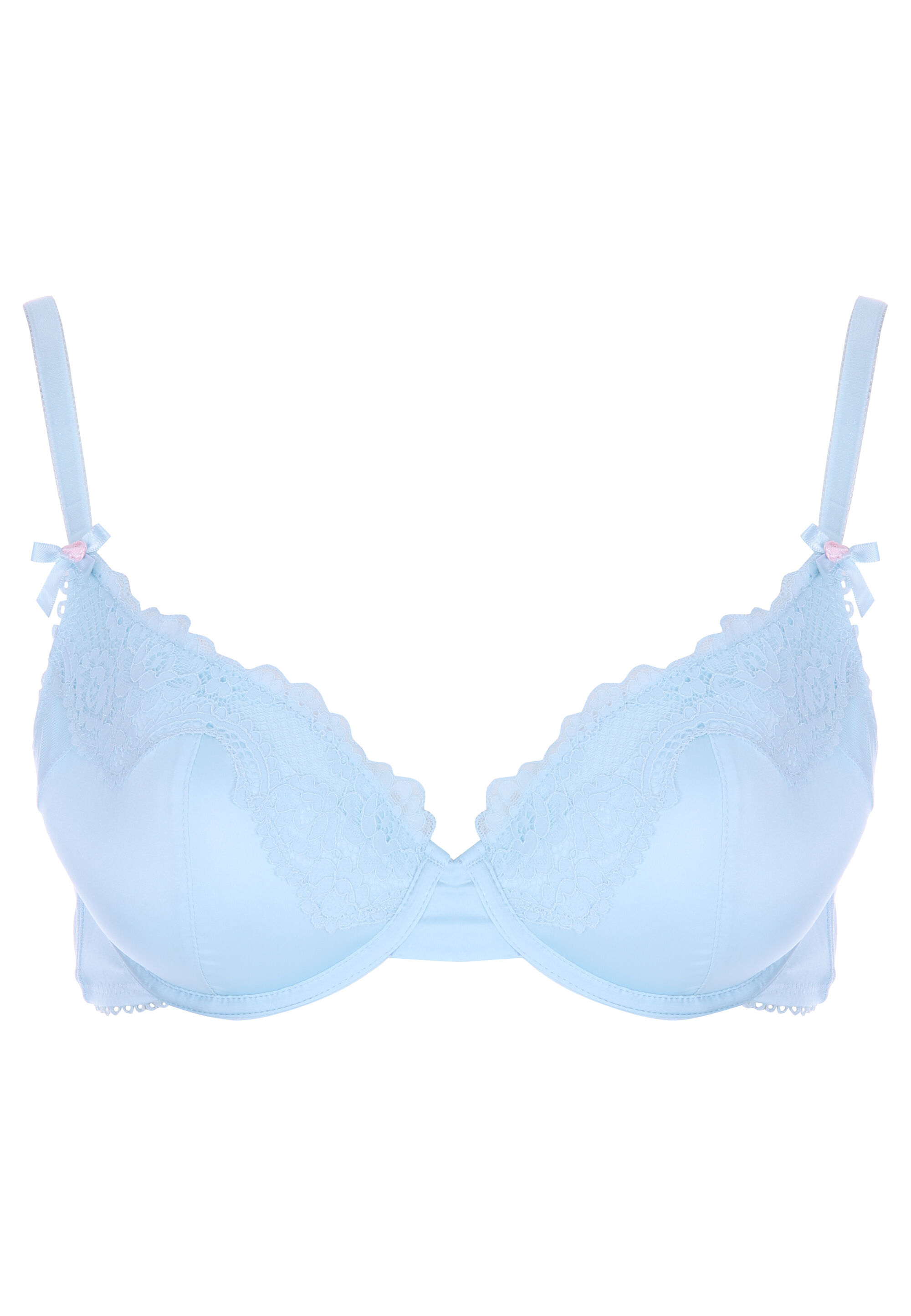 Womens Blue Satin & Lace Balcony Bra