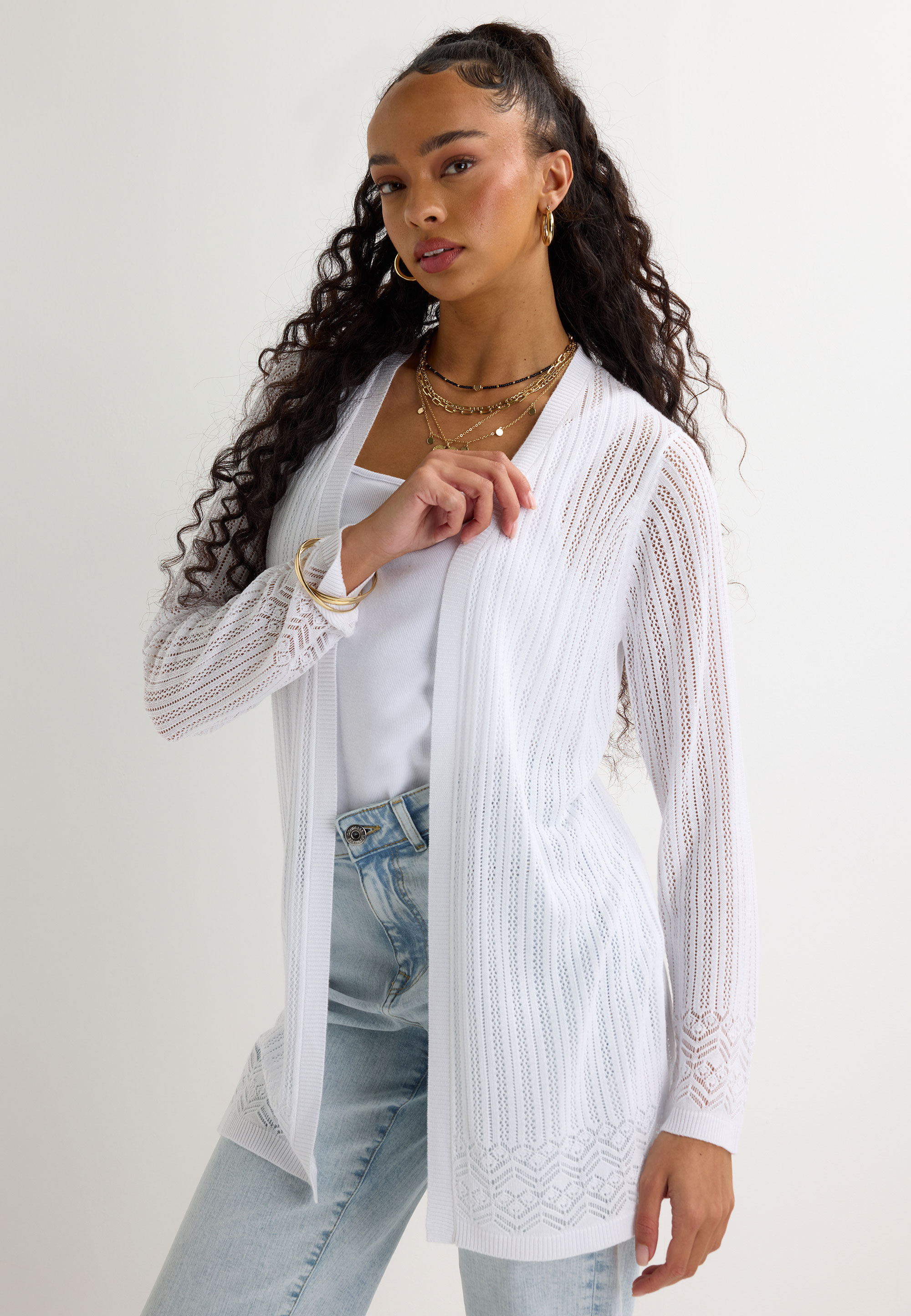 Womens White Pointelle Longline Cardigan