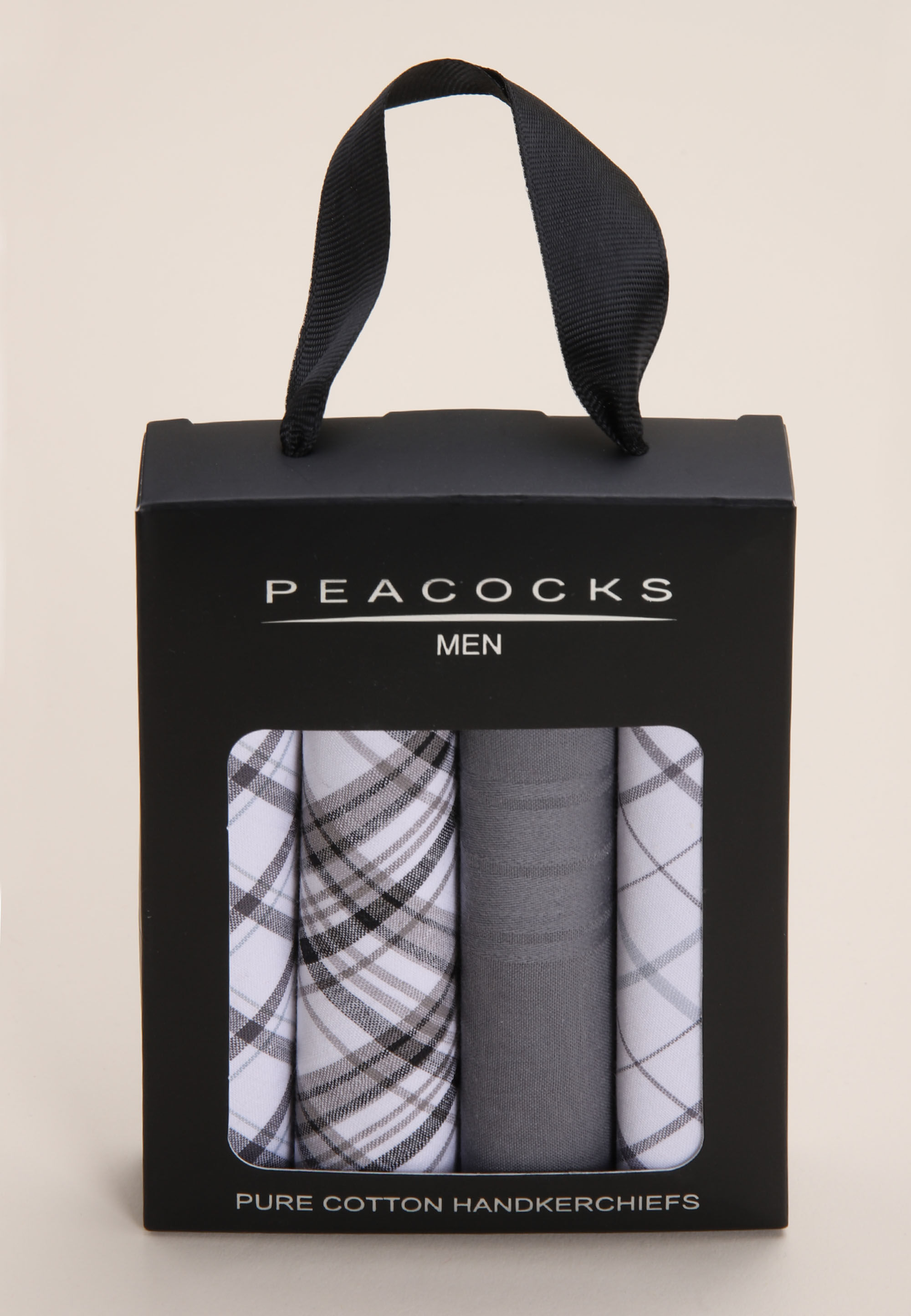 Mens 4pk White & Grey Check Cotton Handkerchiefs