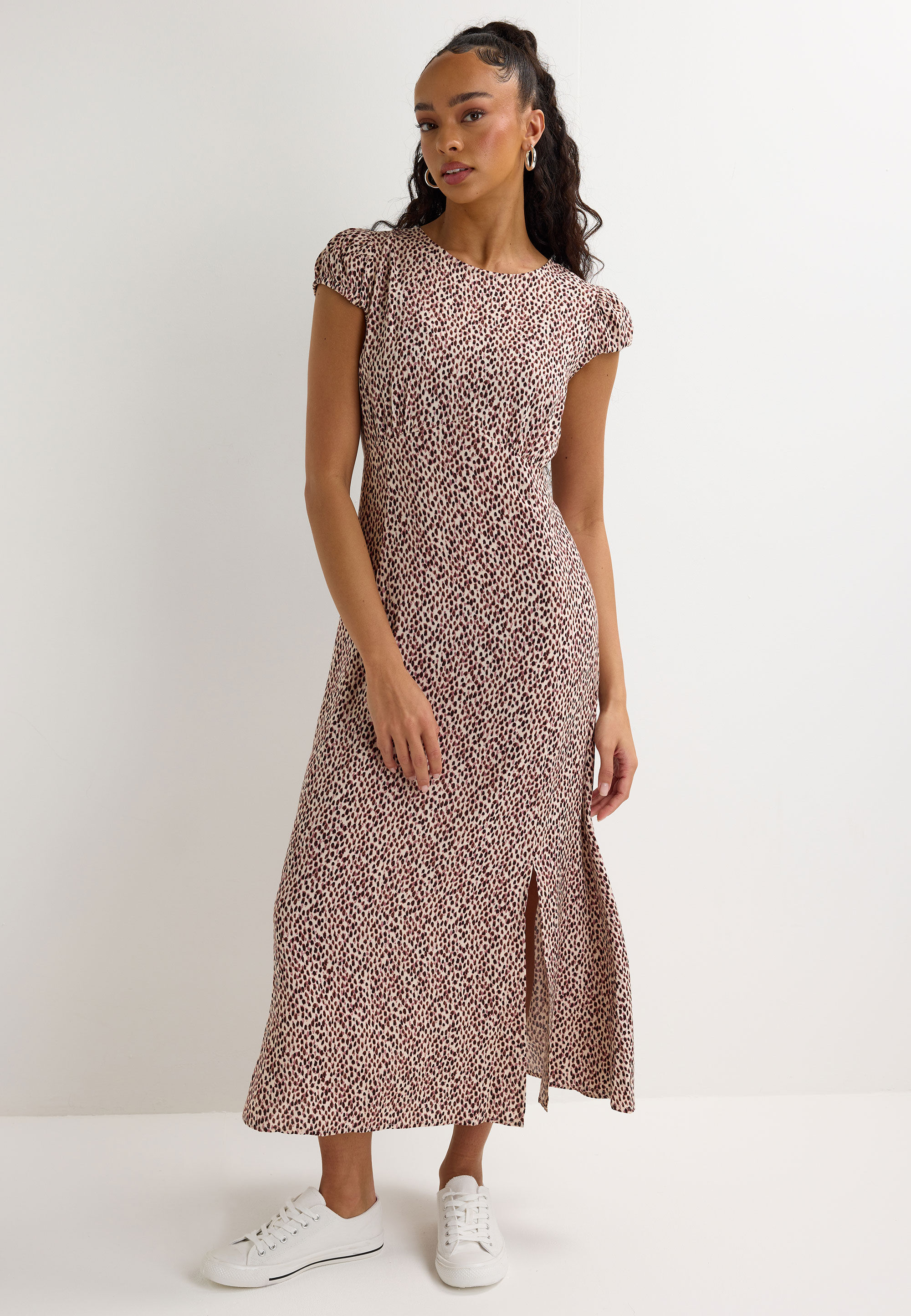 Womens Cream Animal Print Midi Tea Dress