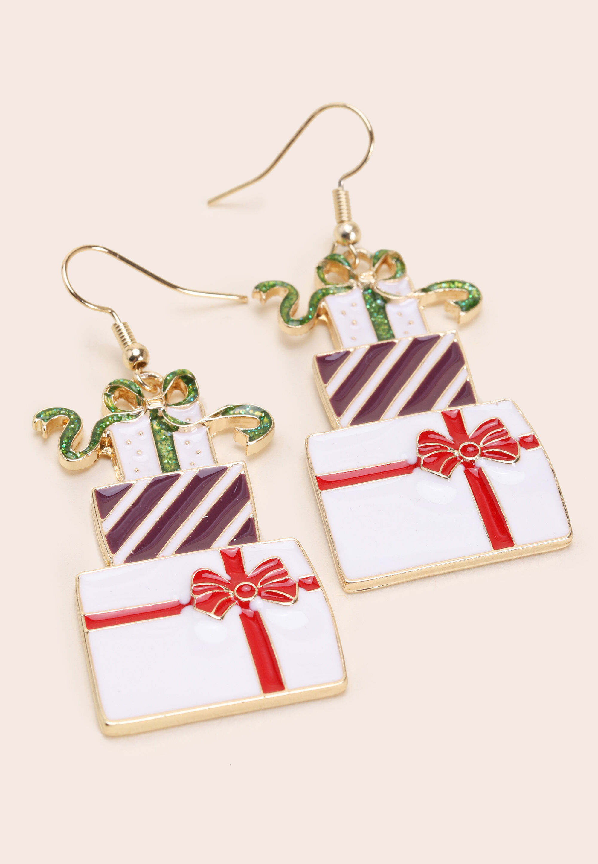 Womens Gold Large Christmas Present Earrings