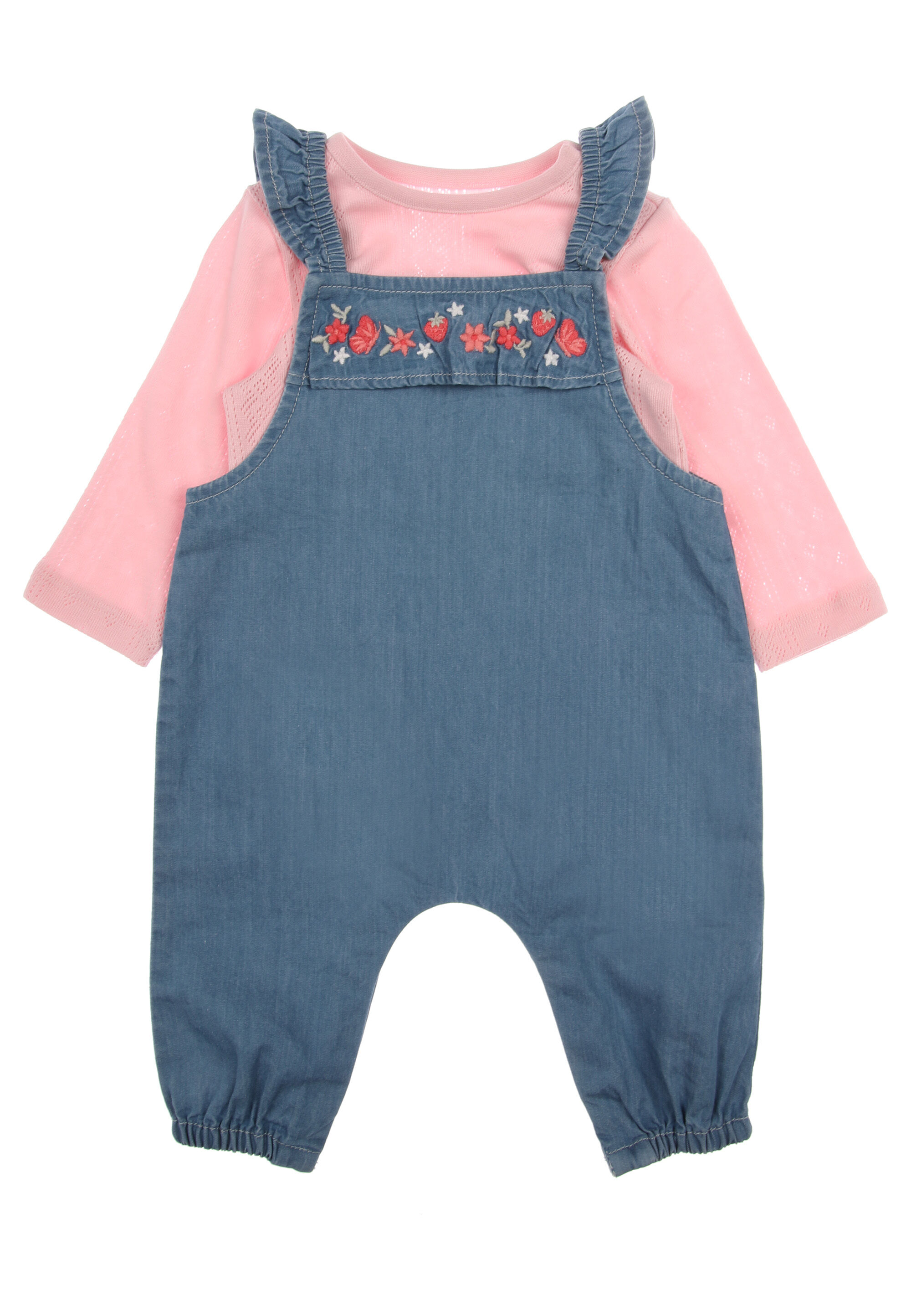 Baby Girls Blue Denim Dungaree & Pink Body Set