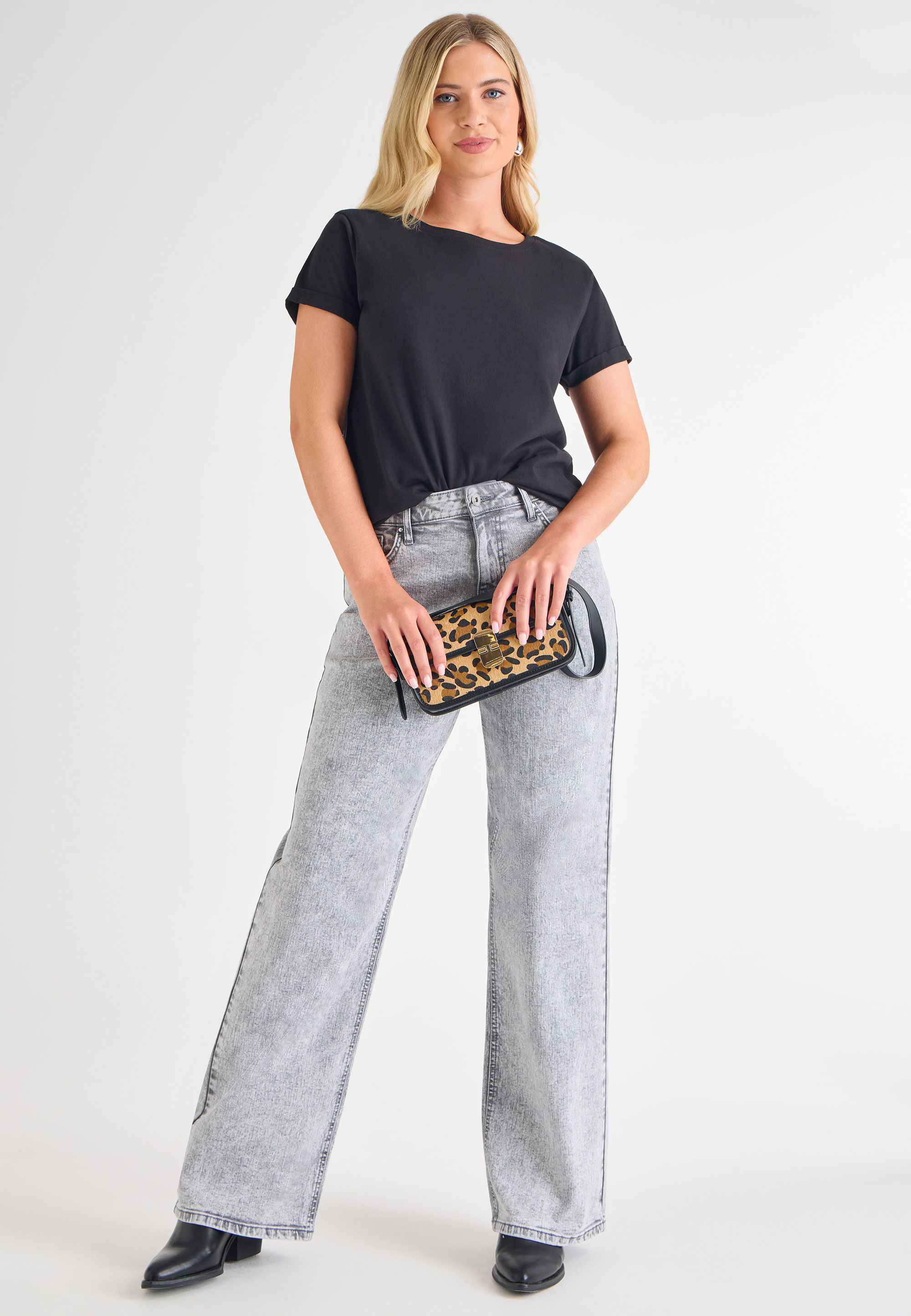 Womens Black Cotton Roll Sleeve T-Shirt