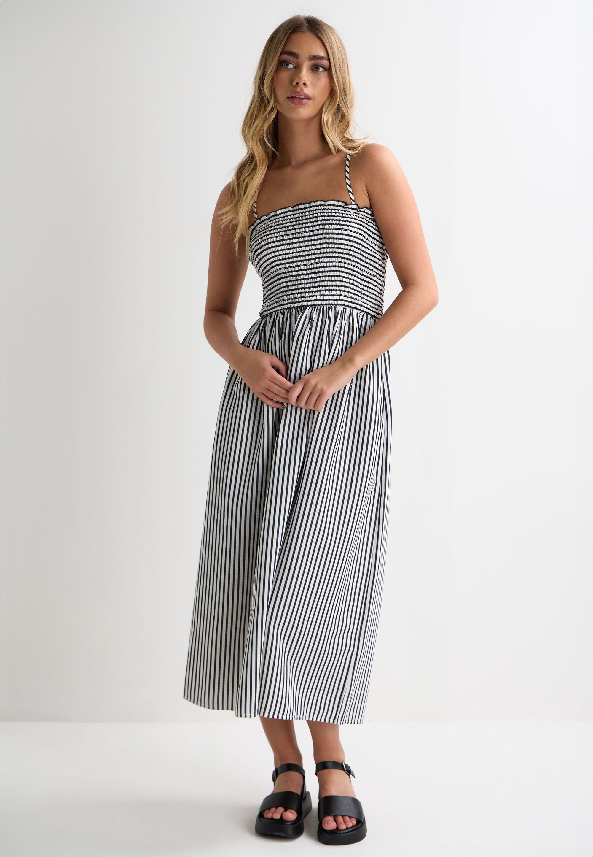 Womens Black & White Stripe Shirred Midi Dress
