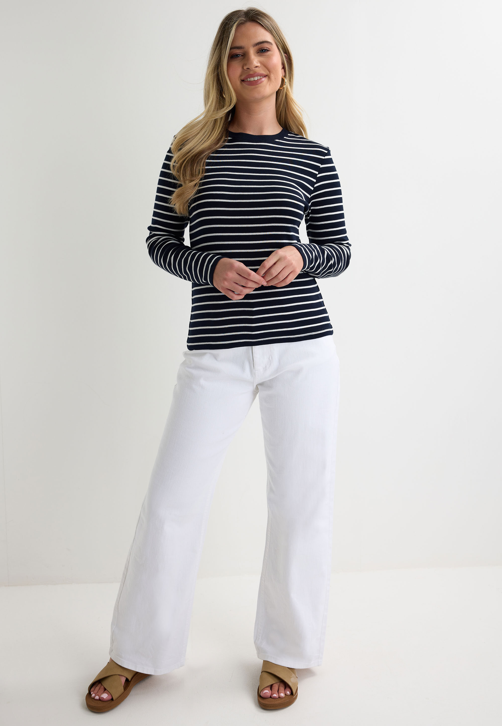 Womens Navy & Cream Stripe Long Sleeve Top